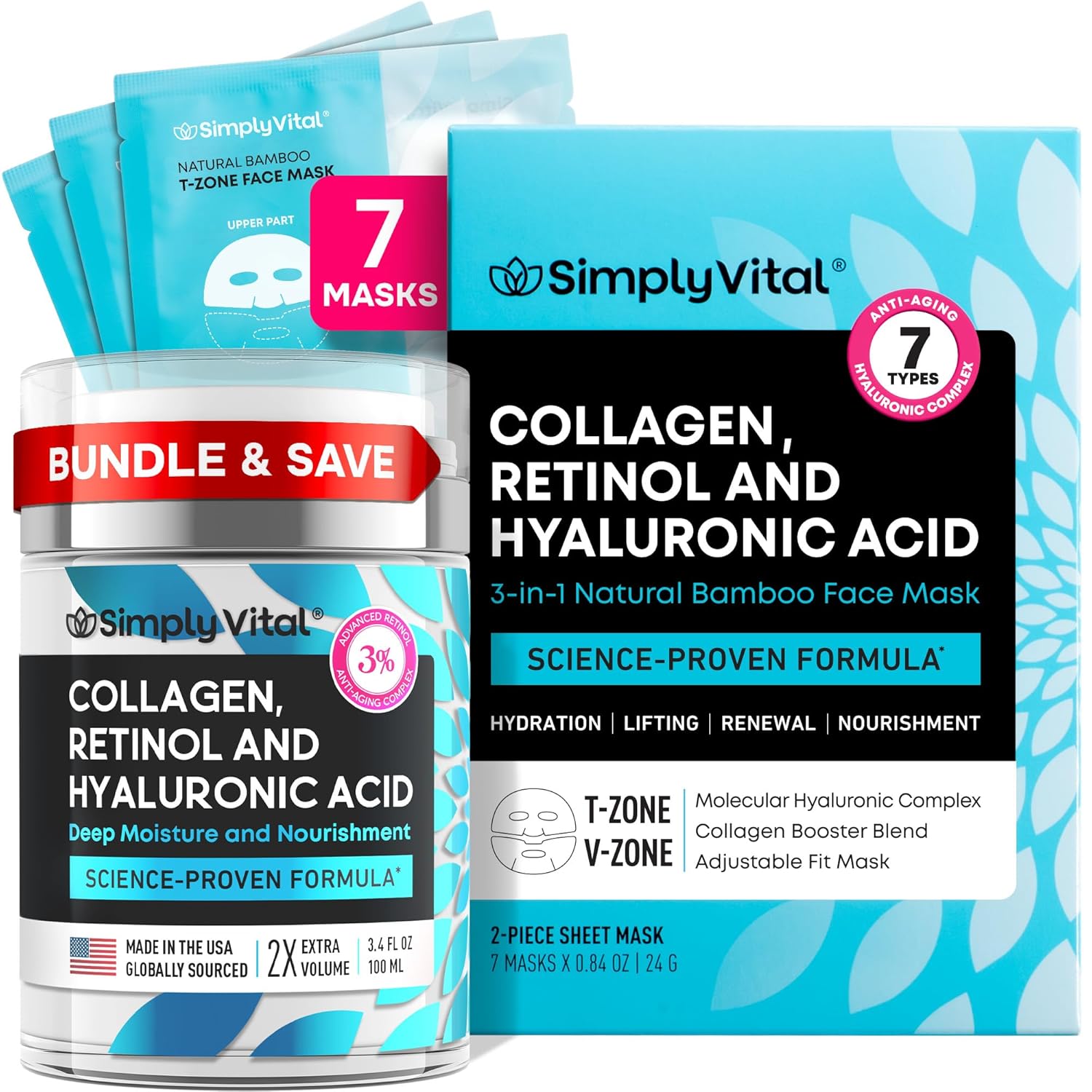 Collagen Cream & Hydrating Face Mask Set with Retinol & Hyaluronic Acid – Anti-Aging Skincare Bundle for Women – Moisturizing, Firming & Lifting Facial Care with Cream and Sheet Masks