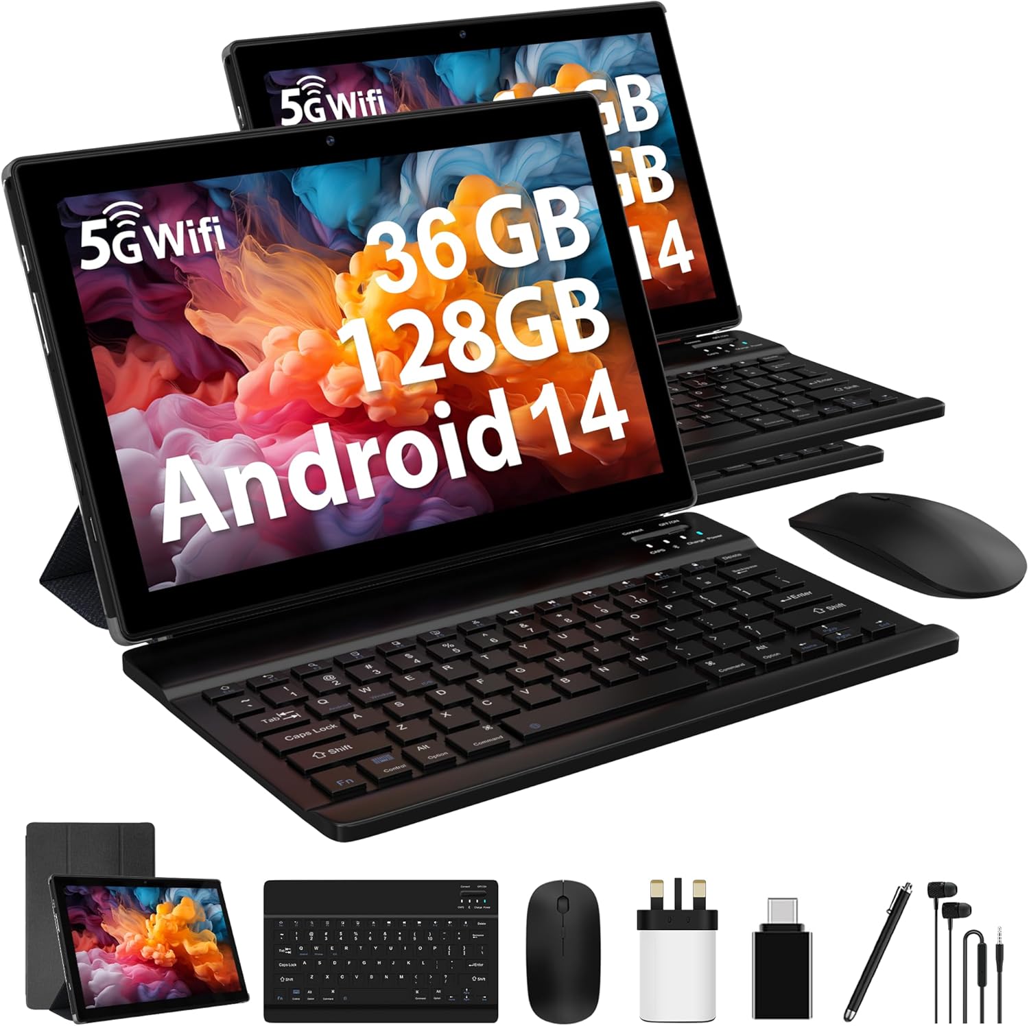 FLYCOAY Android 14 Tablet 10 Inch 5G WIFI 6, 36GB RAM+128GB ROM (TF 1TB),8000mAh,Dual Camera, BT5.0 /Type C/OTG/Tablet with Keyboard and Mouse(Black)