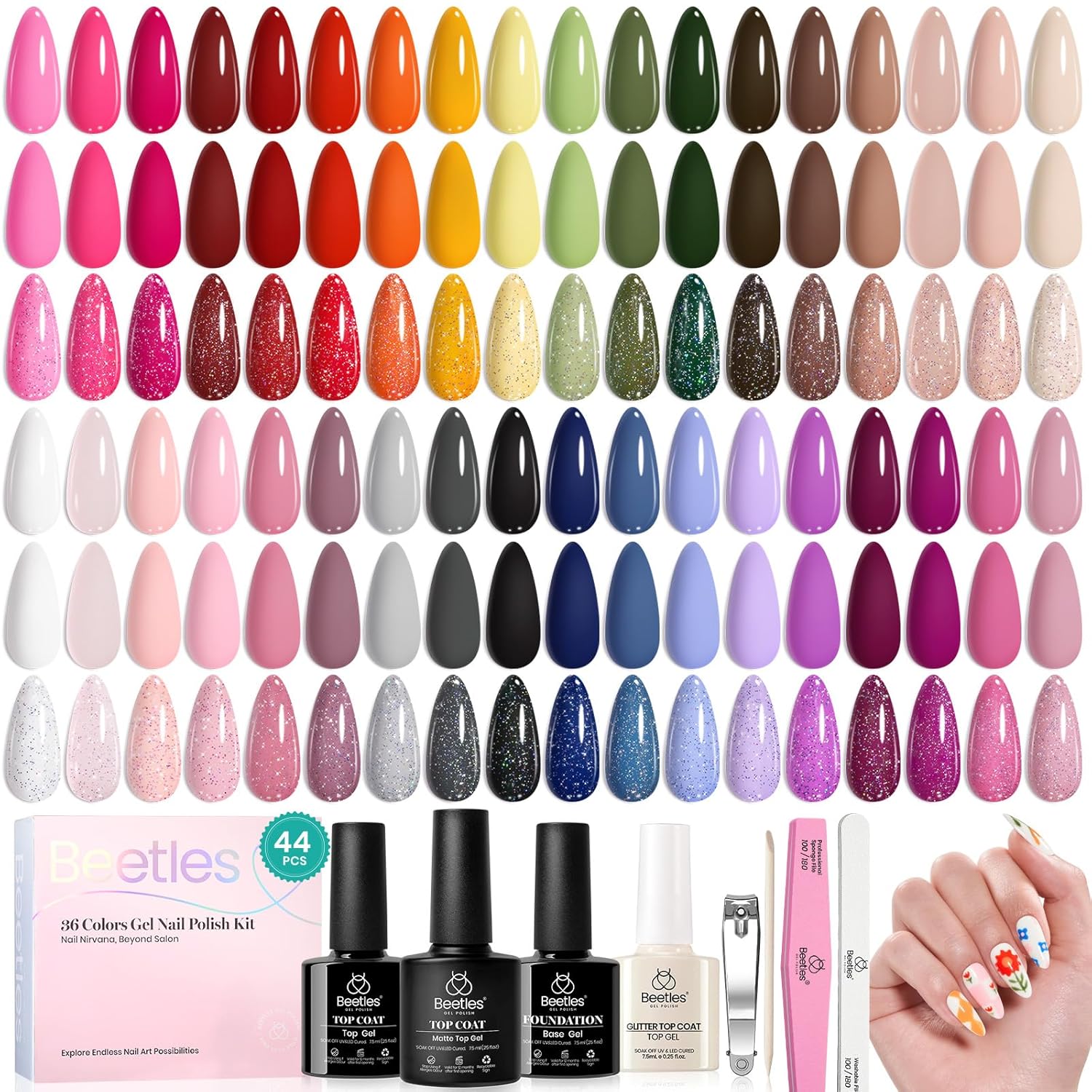 beetles Gel Polish 44pcs Gel Nail Polish Set 36 Colors Nude White Hot Pink Red Blue Black Brown with Base Coat Glossy Matte Glitter Top Coat Gifts for Women Colorful Muse