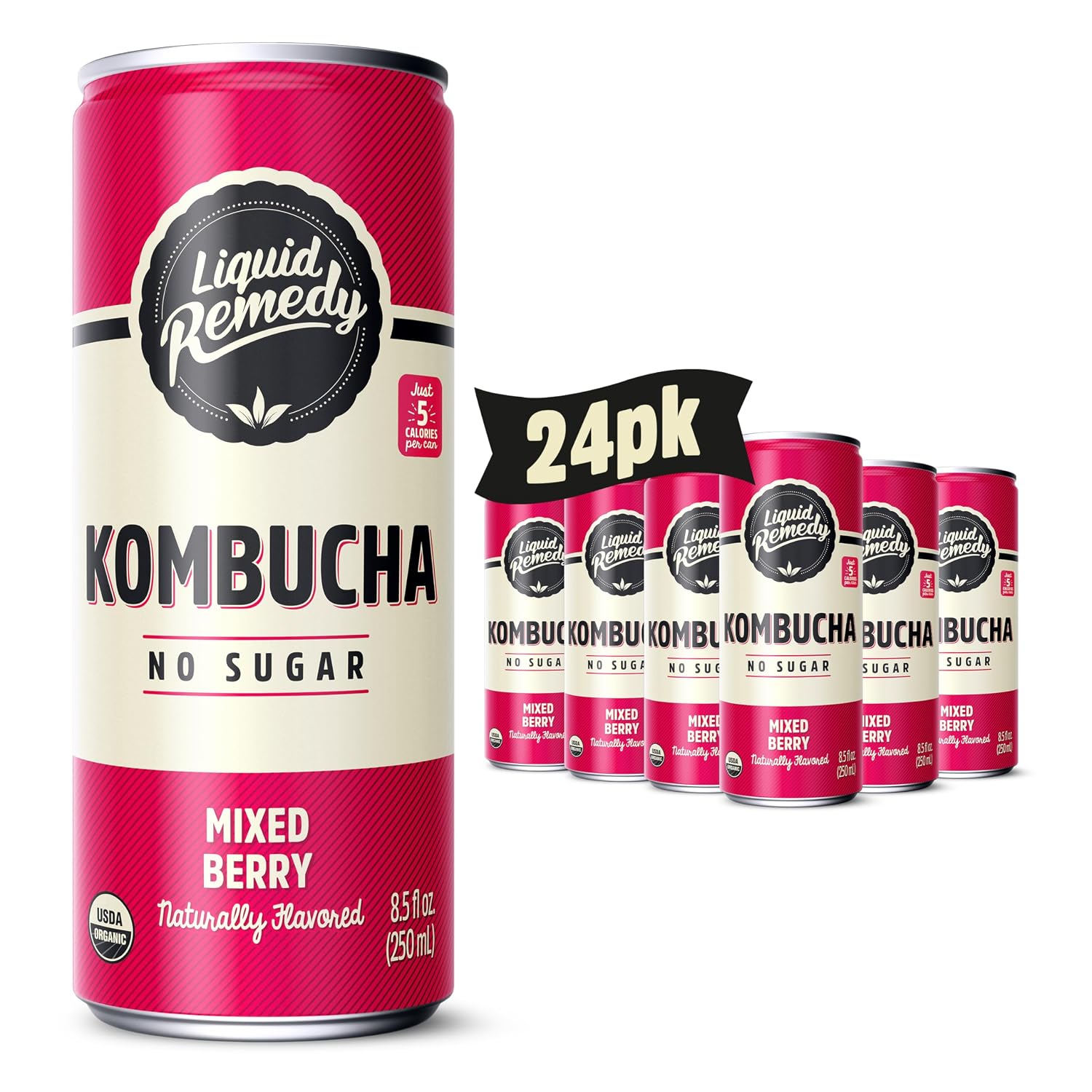 Liquid Remedy Kombucha Sugar Free Organic Drink, Low Calorie, Probiotic Like Tea for Gut Health - Mixed Berry - 8.5 Fl Oz Can, 24-Pack