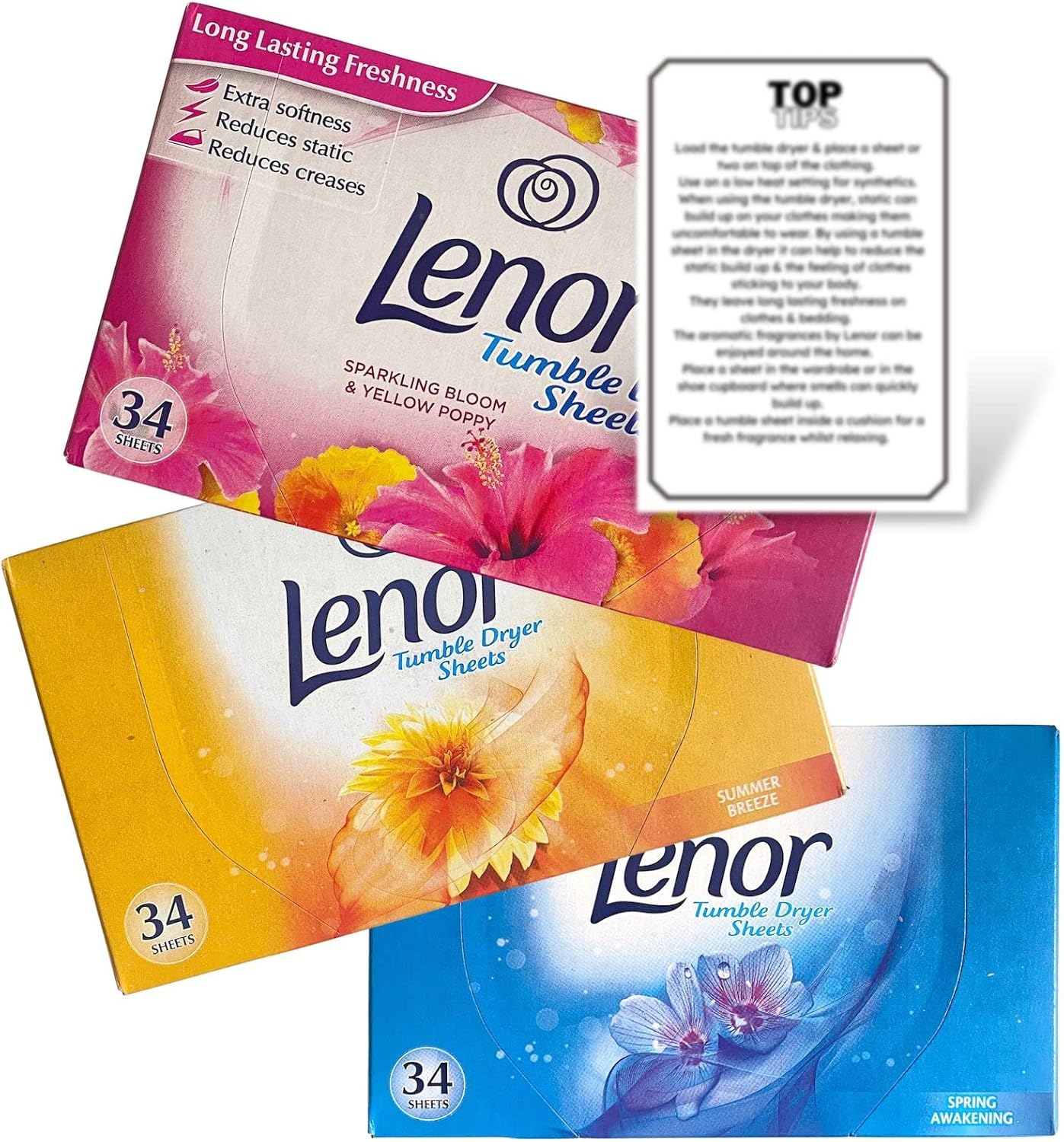 Tumble Dryer Sheets Lenor Spring Awakening, Summer Breeze, Sparkling Bloom Poppy & Top Tips Guide (Pack of 3 plus Guide), 34 Count (Pack of 3)