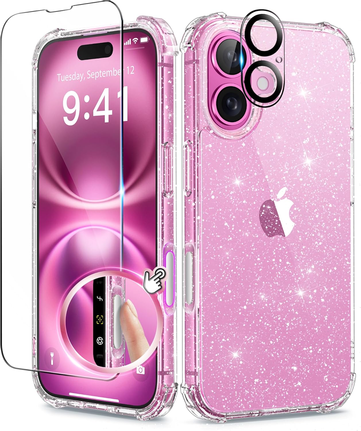 BERFY Compatible with iPhone 16 Case Glitter, [3 in 1] with Screen Protector + Camera Lens Protector, [Non-Yellowing] Clear Sparkle Slim Shockproof Hard Phone Cover for Women 6.1", Shiny Clear
