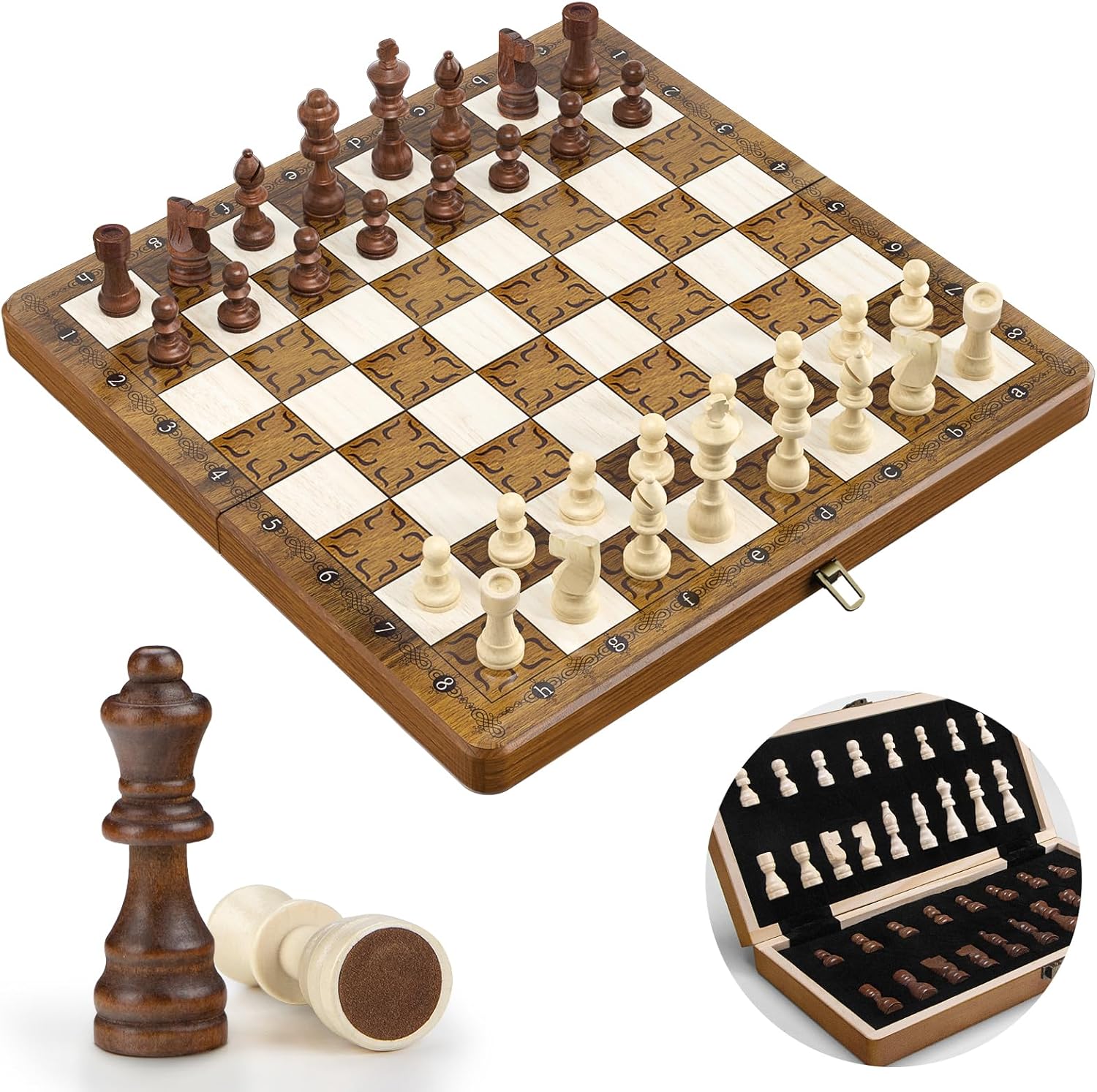 Chess Set for Kids Adults, 12'' Wooden Chess Board, Handmade 32 Chess Pieces & 2 Extra Queen, Folding Travel Chess Set with Storage Slots, Board Game for Tournament Professional Beginner