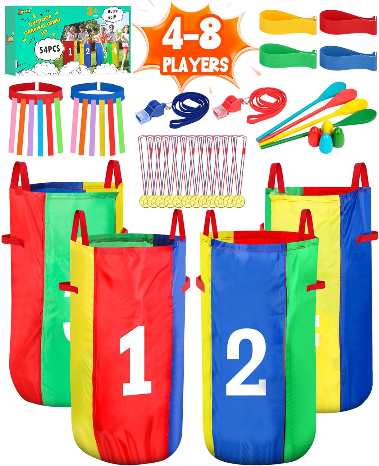 Eocolz Outdoor Carnival Games, Potato Sack Bags for Kids Adults, Egg Spoon Relay Race, 3 Legged Race Bands, Catch Tail Games, Birthday Party, Field Day Family Day Yard Lawn Easter Fall Festival Games