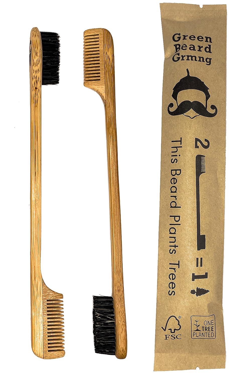2-in-1 Sapling Mustache Brush & Comb (2-pack) from Green Beard Grmng - Boar Bristle & Bamboo