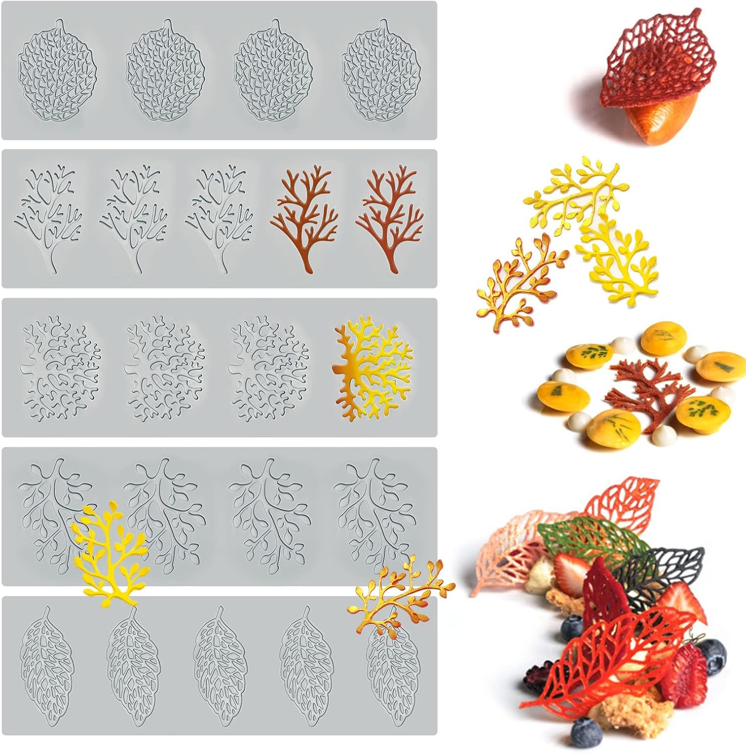 5PCS Leaf Molds Silicone Baking Fondant Tuile Molds, Hollow 3D Coral Branch Leaf Tuille Lace Silicone Cake Moulds, Polymer Clay Mold for Baking, Resin, Clay, Sugar Craft, Dessert Cake Decoration