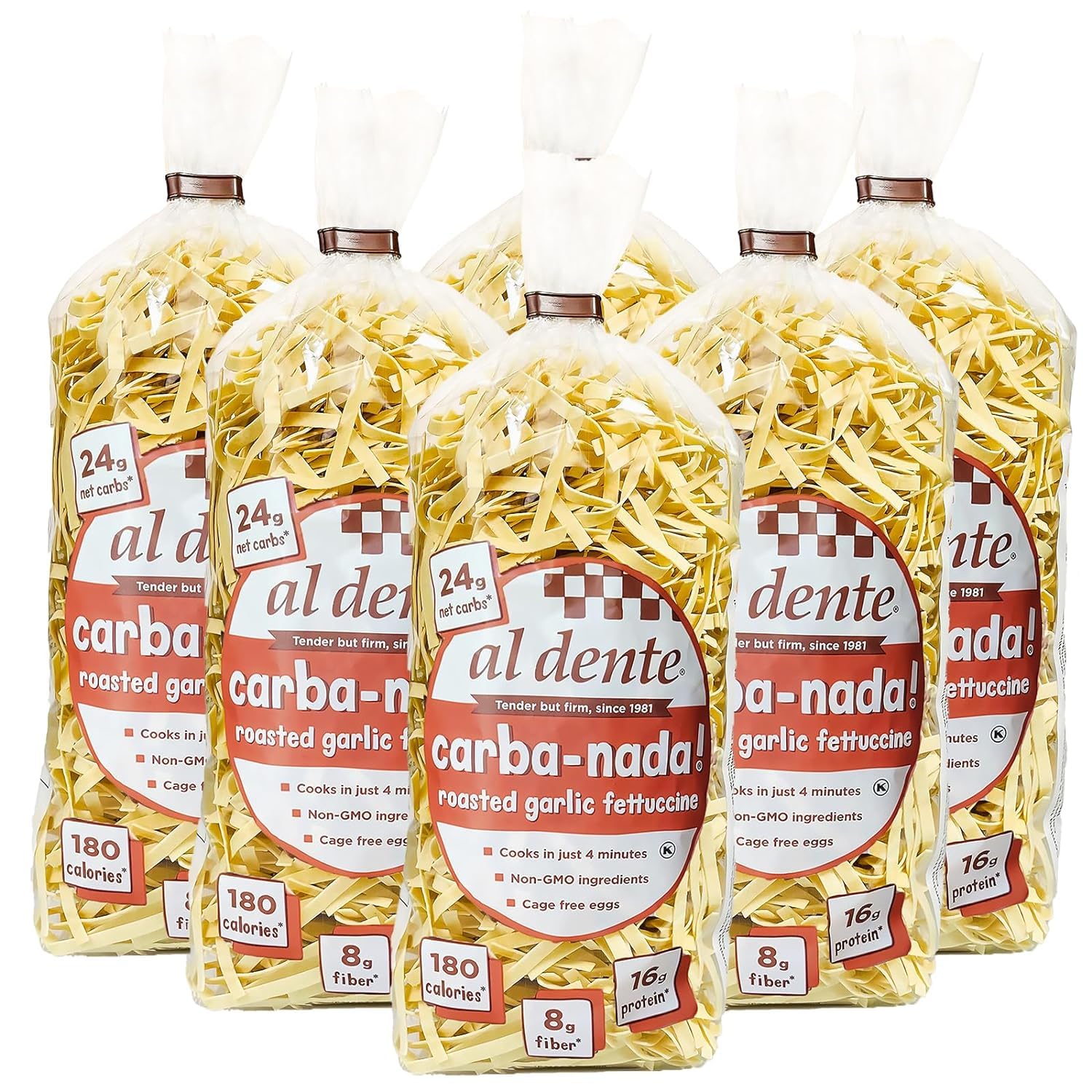 AL DENTE Carba-Nada Roasted Garlic Fettuccine, Lower-Carb Pasta, 16g High Protein, Cage Free Eggs, Non-GMO, 10 Ounce Bags (Pack of 6)