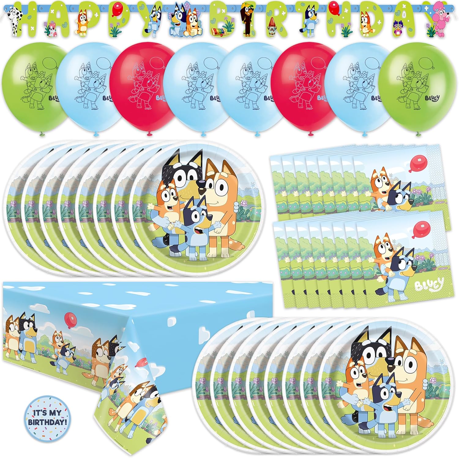 Bluey Birthday Decorations and Party Supplies | Serves 16 Guests | Bluey Party Decorations | Banner, Tablecloth, Balloons, Plates and Napkins, Sticker | Officially Licensed