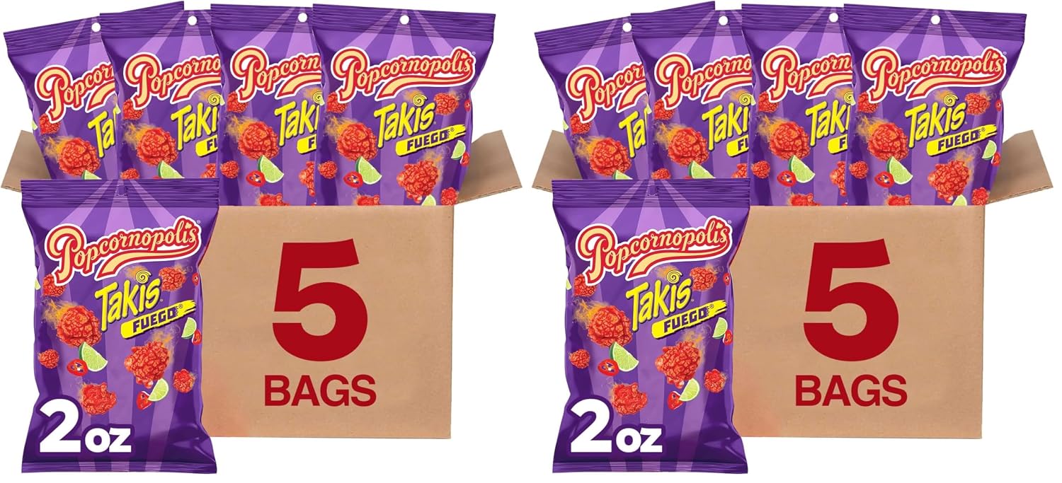 Popcornopolis Fuego Takis 5 ct, 2 oz Case, Hot Chili Pepper & Lime Flavored Extreme Savory Popcorn (Pack of 2)