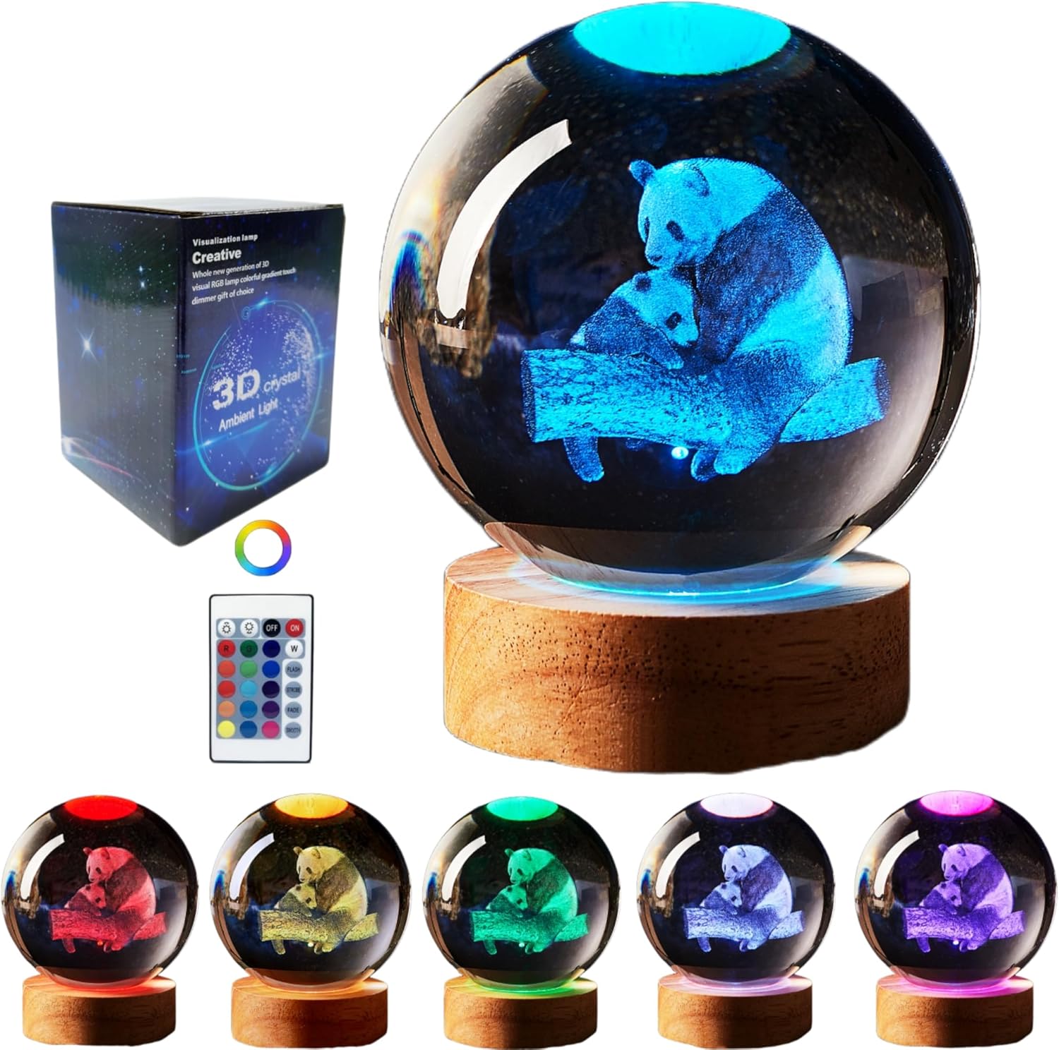 3D panda Crystal Ball lamp,3.15 inch K9 Crystal Ball night light,panda family Light with Wooden Base,glass ball table lamp,16 Colors Change with Remote Control,birthday christmas panda gift (B)