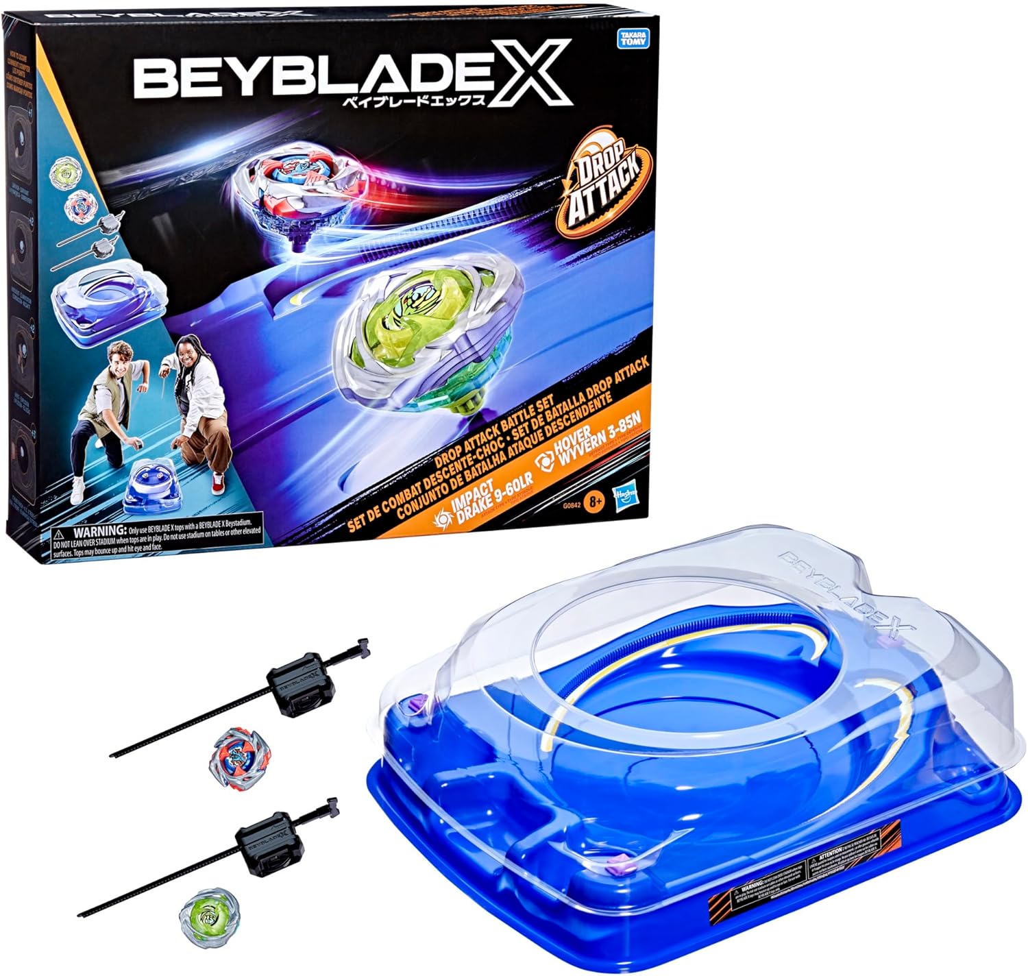 Beyblade X Drop Attack Battle Set with Beystadium Arena, 2 Takara Tomy Tops & Launchers, Impact Drake 9-60LR & Hover Wyvern 3-85N, Battling Game Toys, Ages 8+