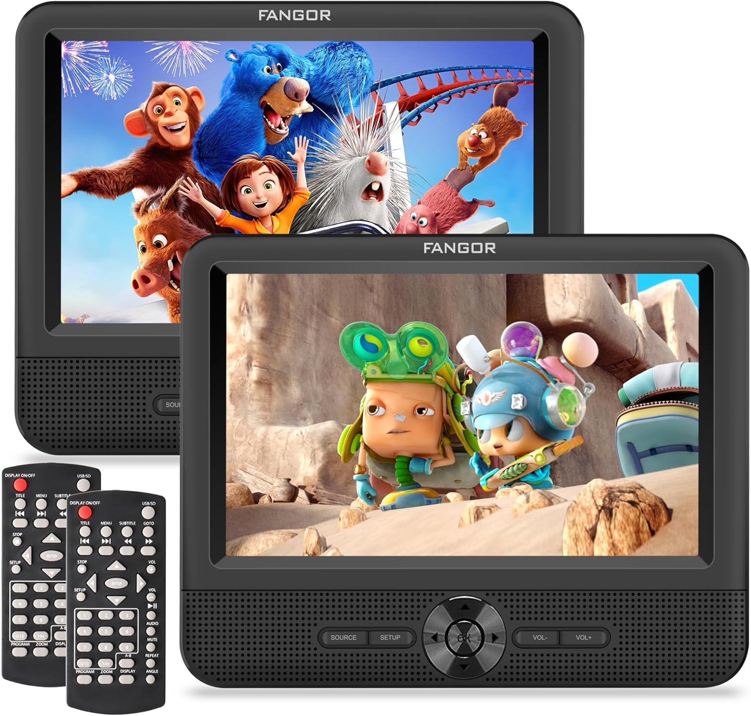 FANGOR 7.5" Dual Portable DVD Player for Car, Car DVD Player Dual Screen Play a Same or Two Different Movies with Headrest Strap, Regions Free,Support Last Memory, AV Out&in,USB/SD/Sync TV