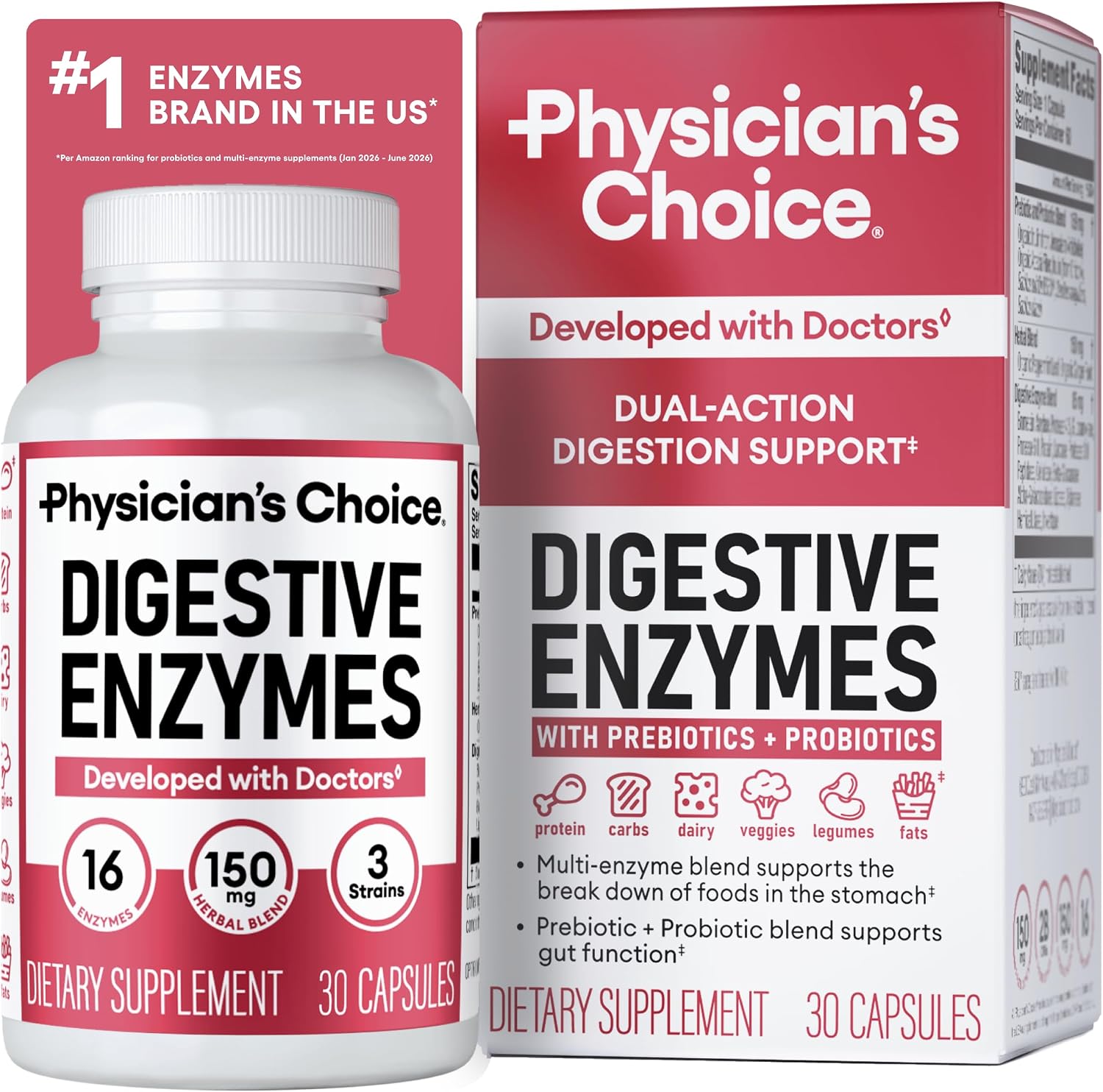 Physician's CHOICE Digestive Enzymes for Bloating & Digestion - Fast-Acting 16 Enzyme Formula with Organic Prebiotics & Probiotics for Gut & Digestive Health - Meal Time Discomfort Relief - 30 CT
