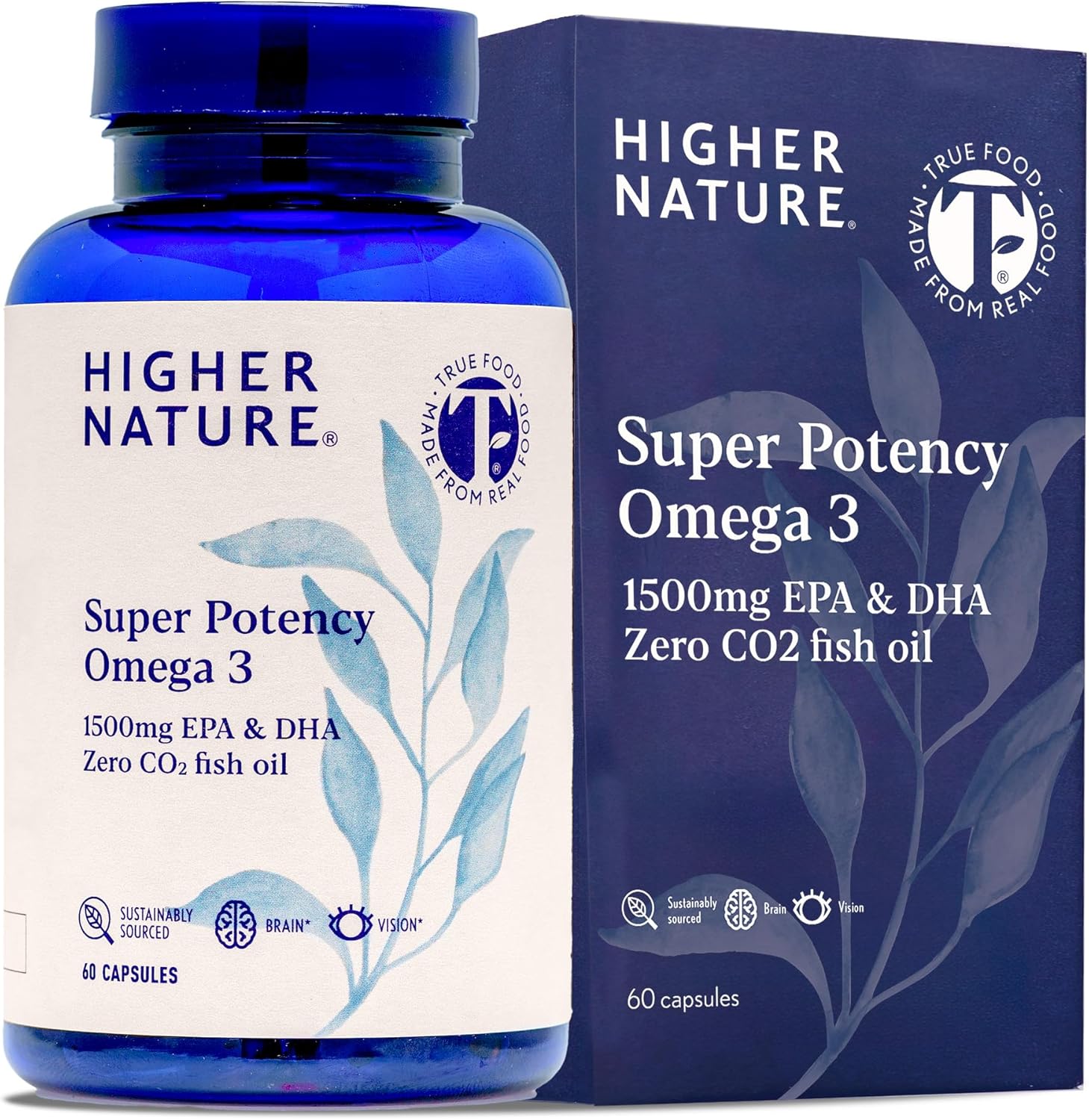 Higher Nature - Omega 3 2000mg with 1000mg EPA & 500mg DHA Per Serving - Super Potency Omega 3 True Food® Formula Fish Oil Supplement - Supports Eye, Brain & Heart Health - 60 Capsules