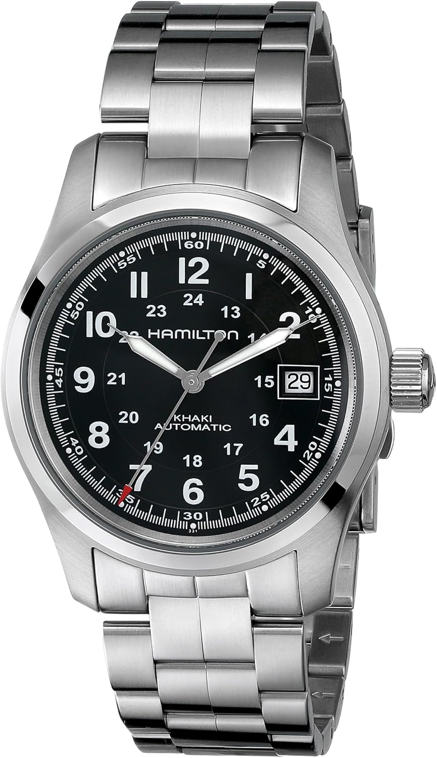 Hamilton Watch Khaki Field Auto | Swiss Made | 38mm Stainless Steel Case | Black Dial Analog Watch | Stainless Steel Bracelet (Model: H70455133)