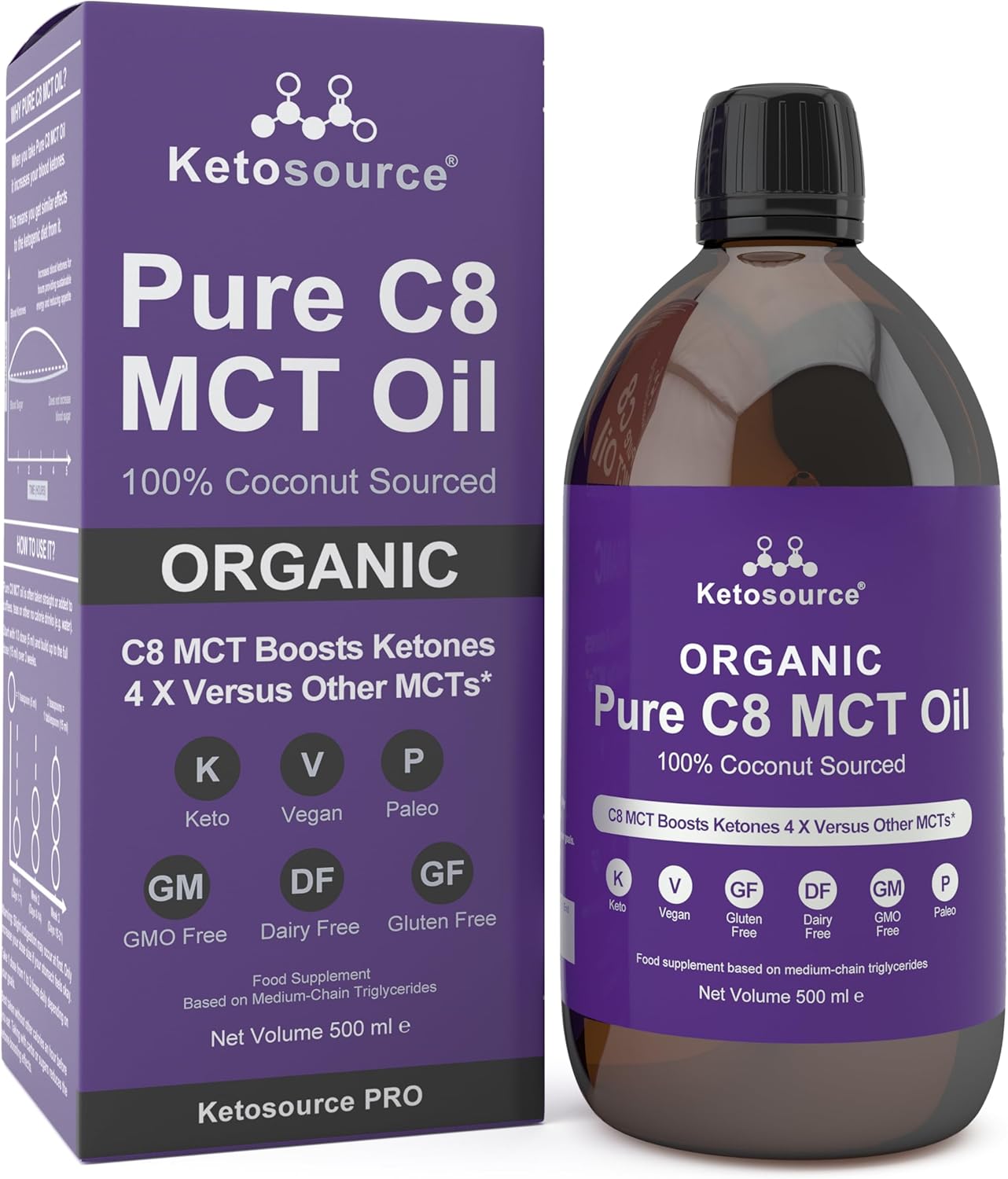 Organic Pure C8 MCT Oil | Boosts Ketones 4X Versus Other MCTs | Highest 99%+ Purity | 100% Coconut MCT Oil Organic | Keto, Fasting, Vegan & Gluten Safe | Premium Lab Tested Purity | 500ml Glass Bottle