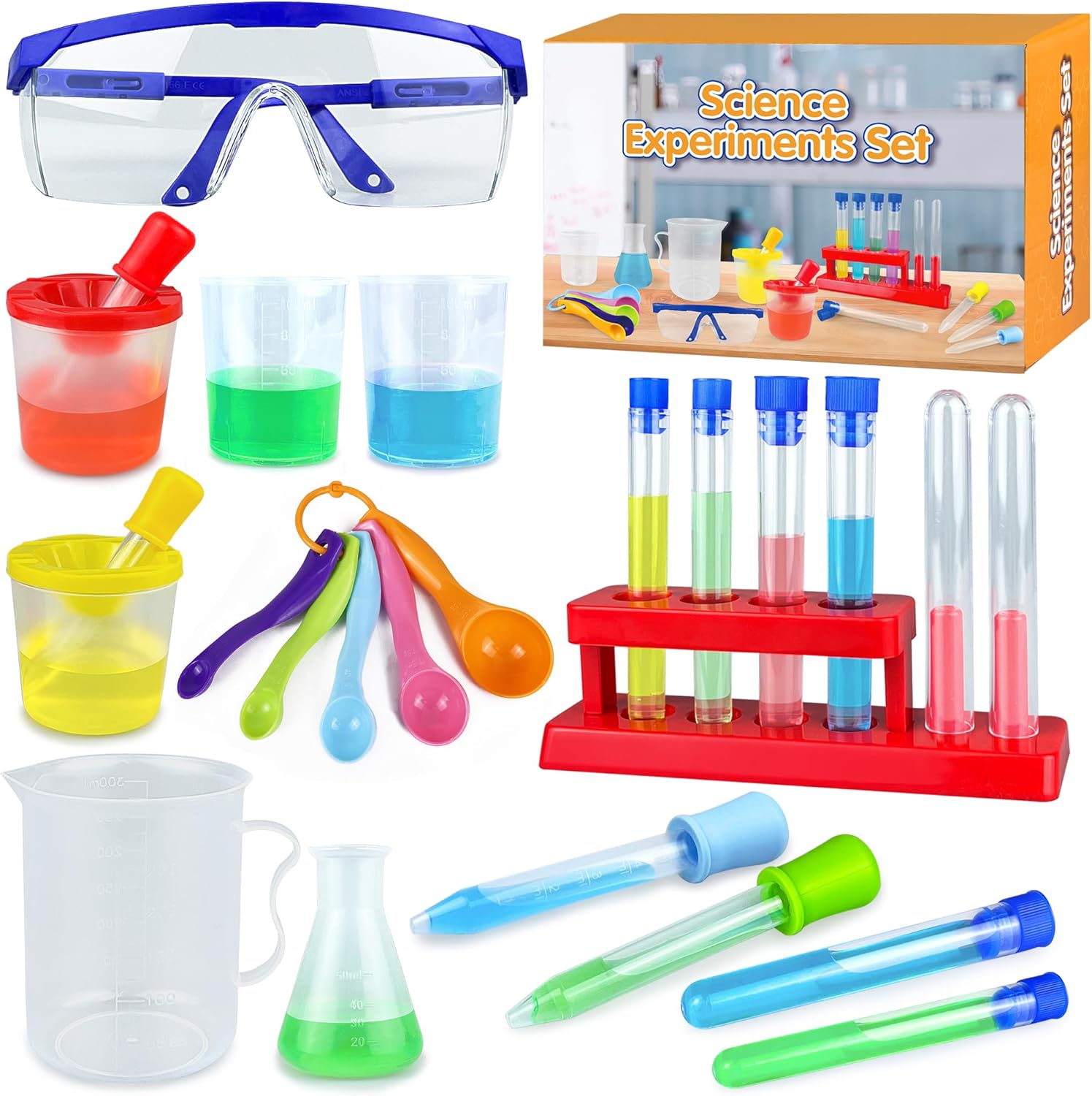 24PCS Educational Lab Science Experiments Early Learning Kit for Boys and Girls with Many Tools Droppers Plastic Test Tubes with Caps Lab Science Supplies Test