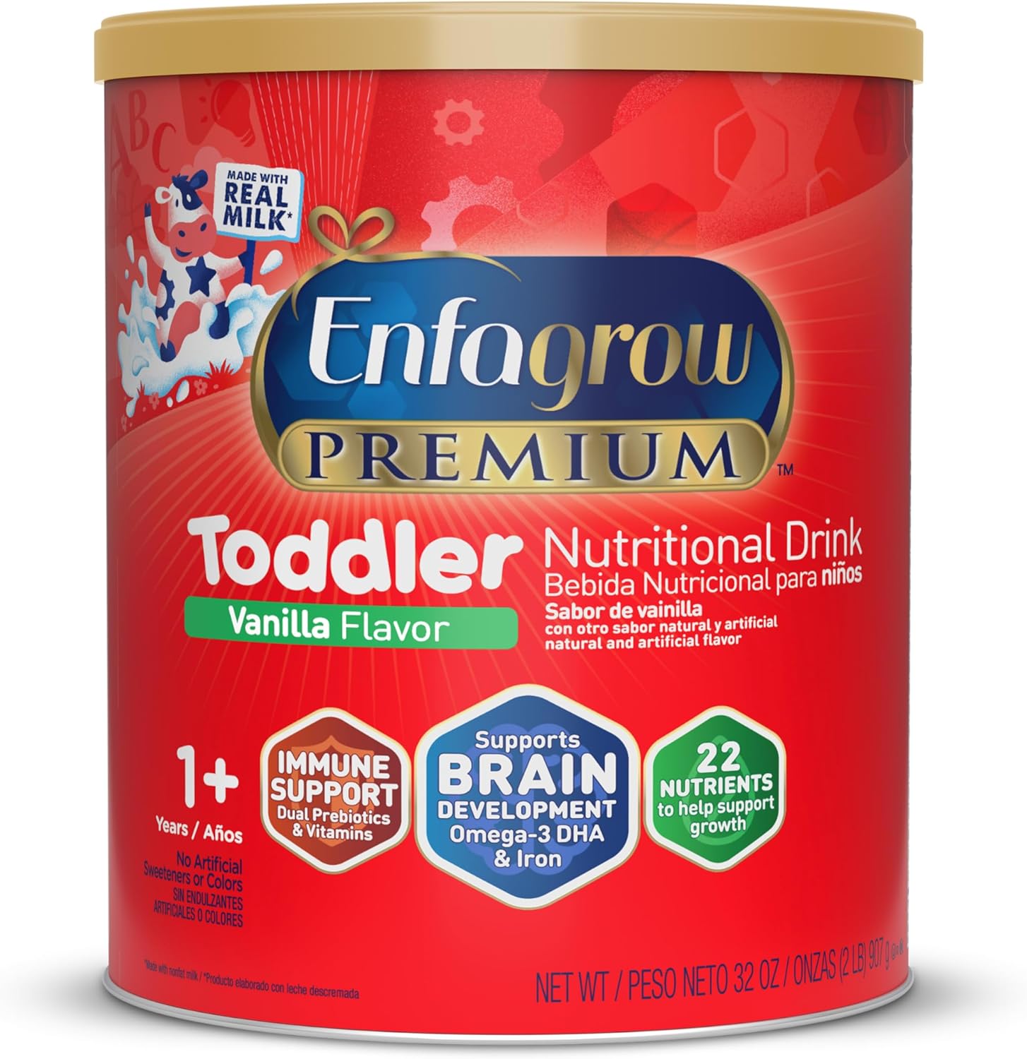 Enfagrow Premium Toddler Nutritional Drink, Natural Vanilla Flavor, Omega-3 DHA for Brain Support, Prebiotics & Vitamins for Immune Health, Non-GMO, Powder Can, 32 Oz (Pack of 1