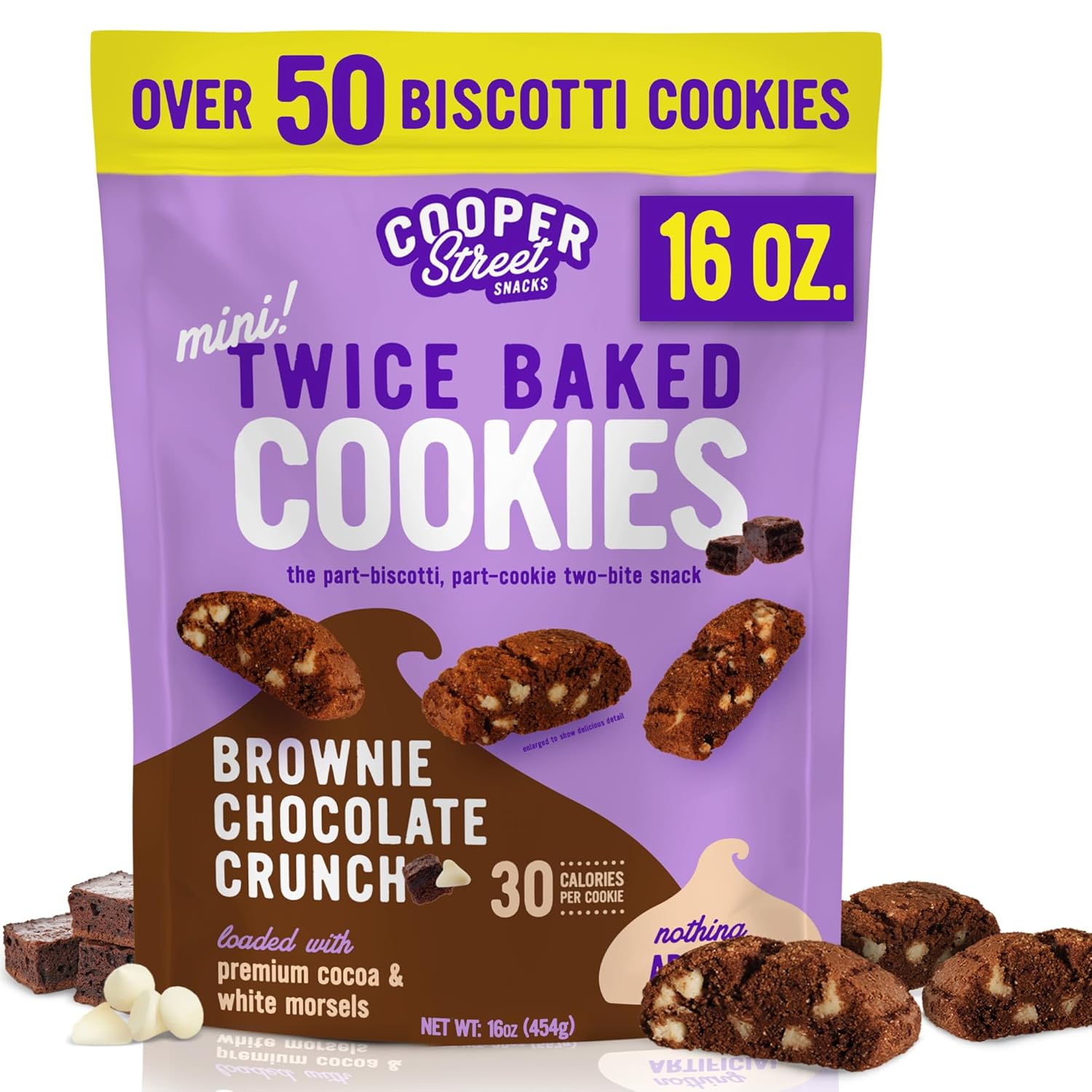Cooper Street Twice-Baked Brownie Chocolate Biscotti Cookies (16 oz) - Over 50 Two-Bite Mini Italian Style Biscotti Snacks - Dairy-Free, Peanut Free, Kosher, Low-Calorie, Perfect with Coffee or Tea