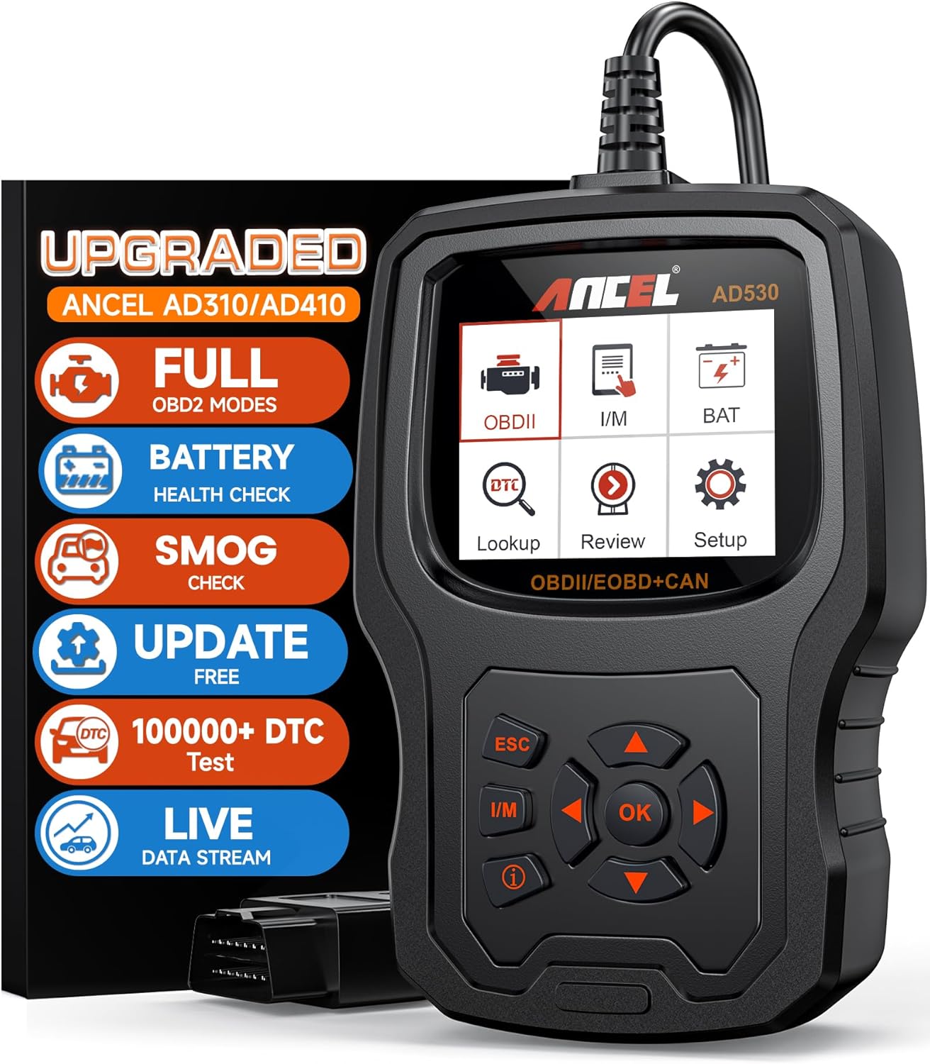 (Upgraded AD310) ANCEL AD530 Car Diagnostic Scan Tool, Vehicle OBD2 Scanner Code Reader, Check Engine Light, Smog Emission Test, O2 Sensor Test, EVAP and Upgraded Graphing Battery Status