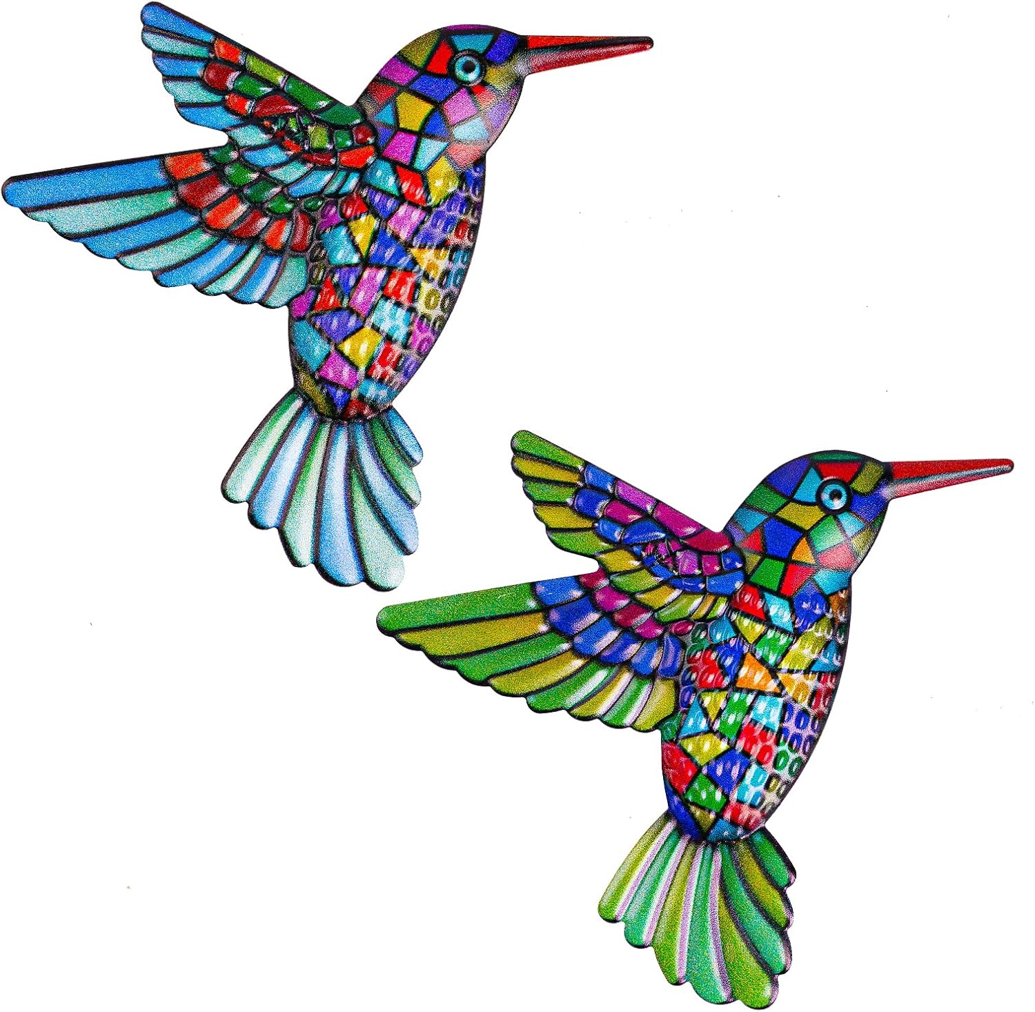 OFFCUP Metal Hummingbird Wall Decor, 2 Pack Metal Hummingbird Wall Art Decor, Wrought Iron Colorful Hummingbird Wall Sculptures, Outdoor Garden Fence Ornaments Hanging for Backyard Porch Patio