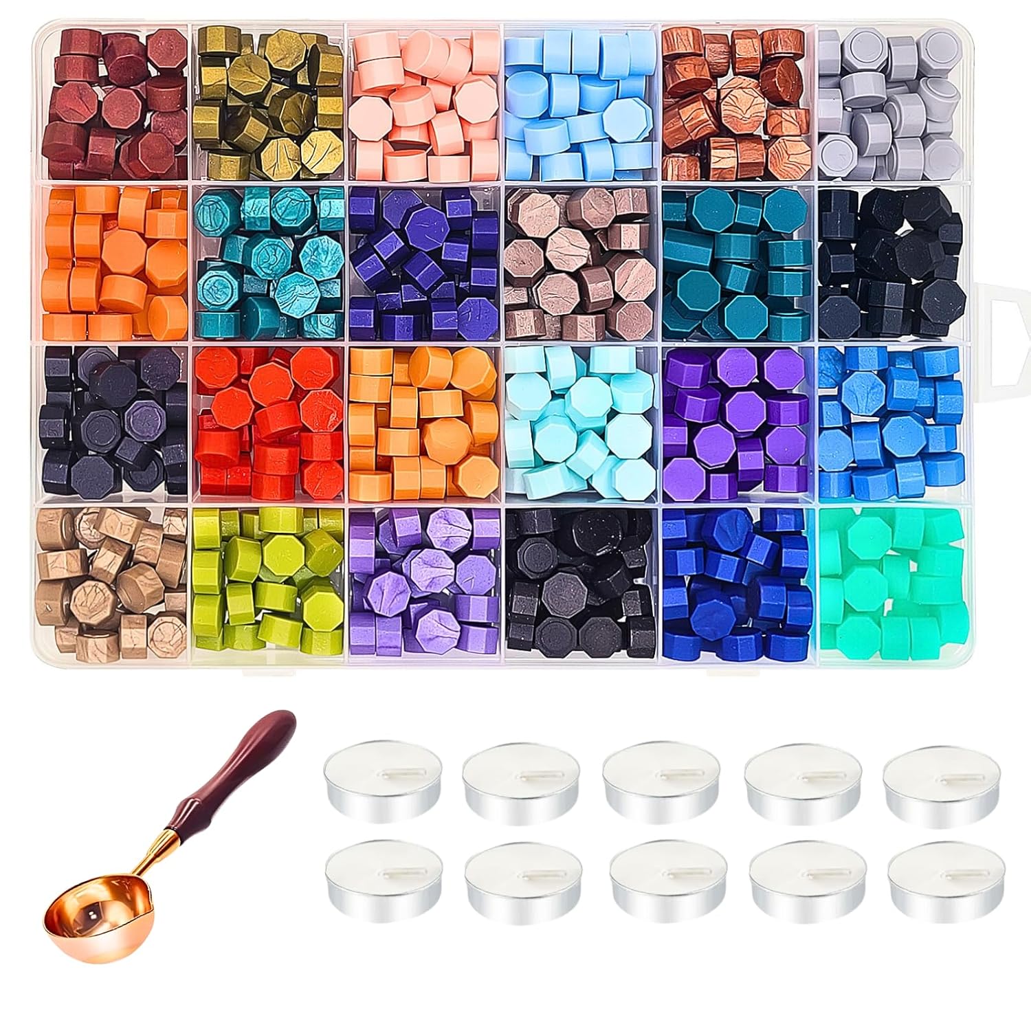 xxxHOLIC Wax Seal with 24 Colors & 360 Beads - for Artwork, Collectibles & Sealed Letters, Kit Includes Wooden-Handled Melting Spoon, 10 Tea Lights & Tools for Timeless Wax Sealing