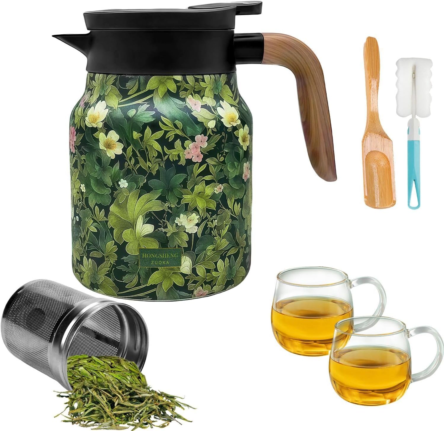 Vintage Floral Pattern Tea Thermos, 35Oz Doresty Thermos Tea Pot, Vintage Teapot with Infuser,Insulated Teapot with Lid, Stainless Steel Thermal Carafe Detachable Hot Coffee Pot