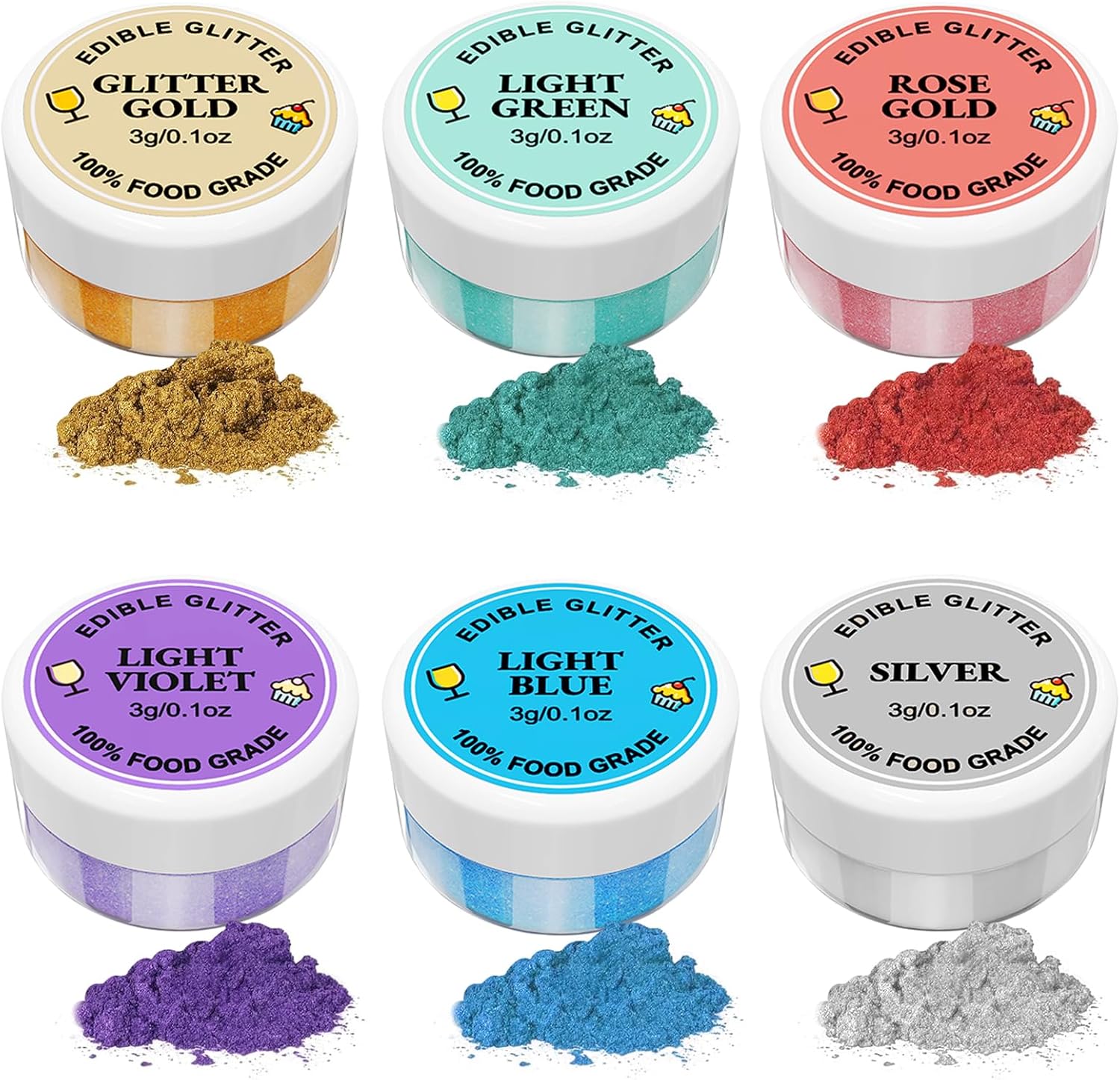 Edible Glitter 6 x 3g, Edible Glitter for Drinks Lustre Dust Edible 6 Color Set Food Colouring Powder Baking Glitter for Chocolate, Strawberries, Cakes, Fondant, Drinks, Cocktails, Odorless, Vegan
