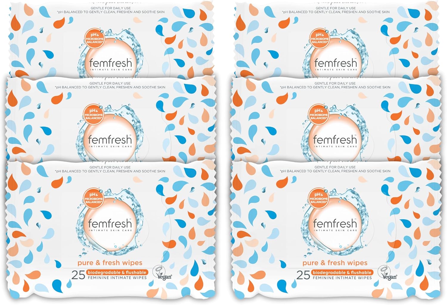 Femfresh Intimate Wipes - Flushable & Biodegradable Disposable Feminine Hygiene Vaginal Cloths w. Calendula & Aloe Vera Extracts - Soothing, pH Balanced, Hypoallergenic, 25 Count (Pack of 6)