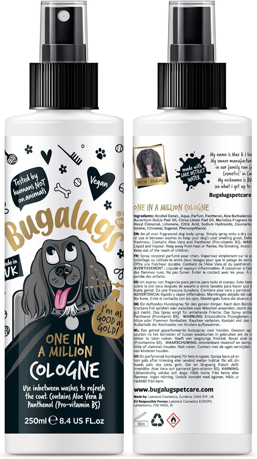BUGALUGS Dog perfume 250ml - dog cologne with Distinctive Fragrance dog spray is a dog deodoriser spray. dog perfume spray dog deodorant
