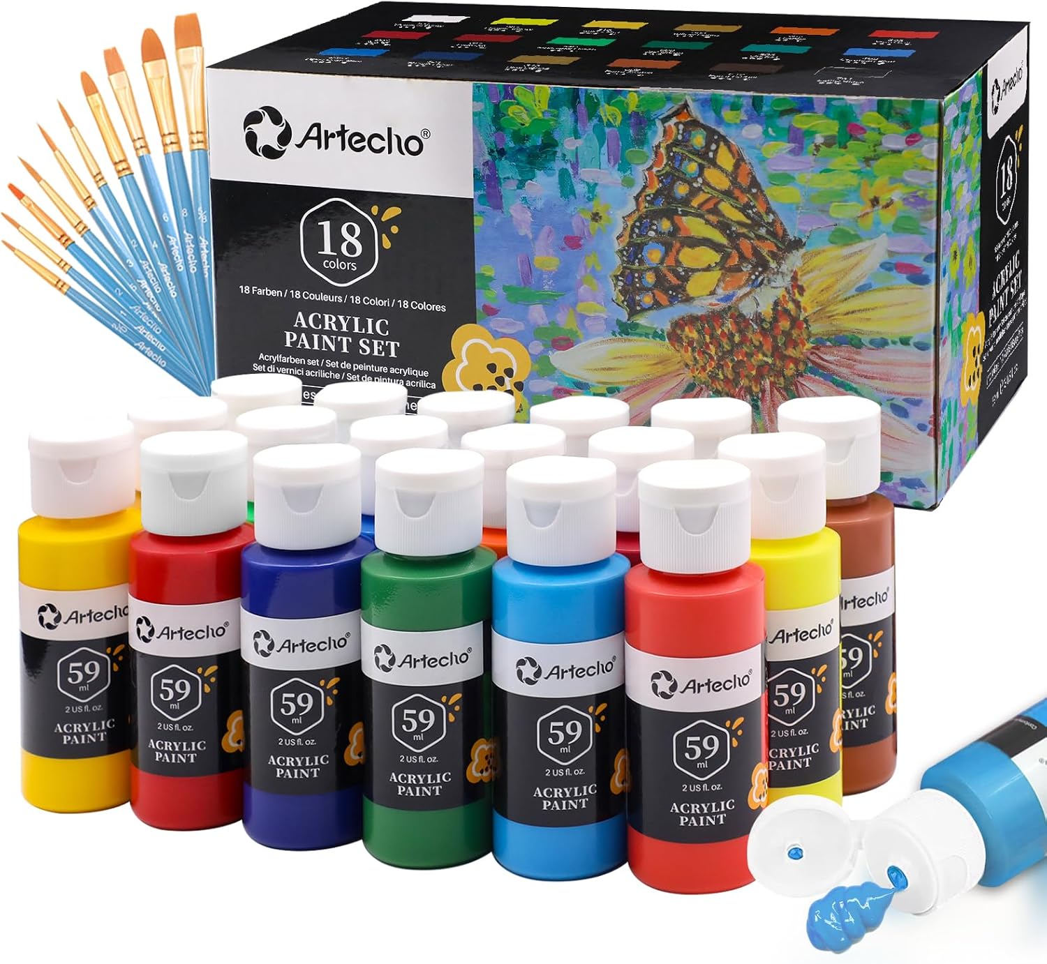 Artecho Acrylic Paints Set 18 Colors 2 Ounce/59ml with 10 Art Brushs, Non Toxic, Model Paint, Waterproof Paint, Acrylic Paint Kit for Canvas, Crafts, Glass, Clay, Wood, Fabric, Poster, Leather&Rock