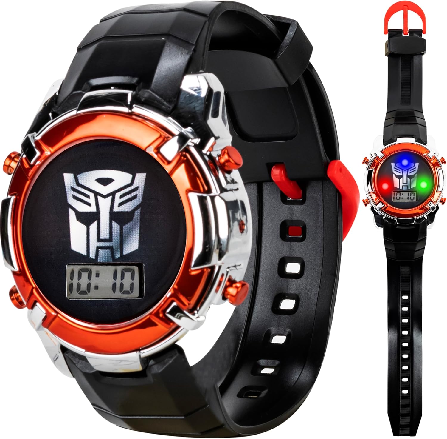 Accutime Transformers LCD Digital Watch for Kids - Iconic Autobot Design, Flashing LED Lights, Black and Red Durable Strap, Comes in Collectible Tin Box