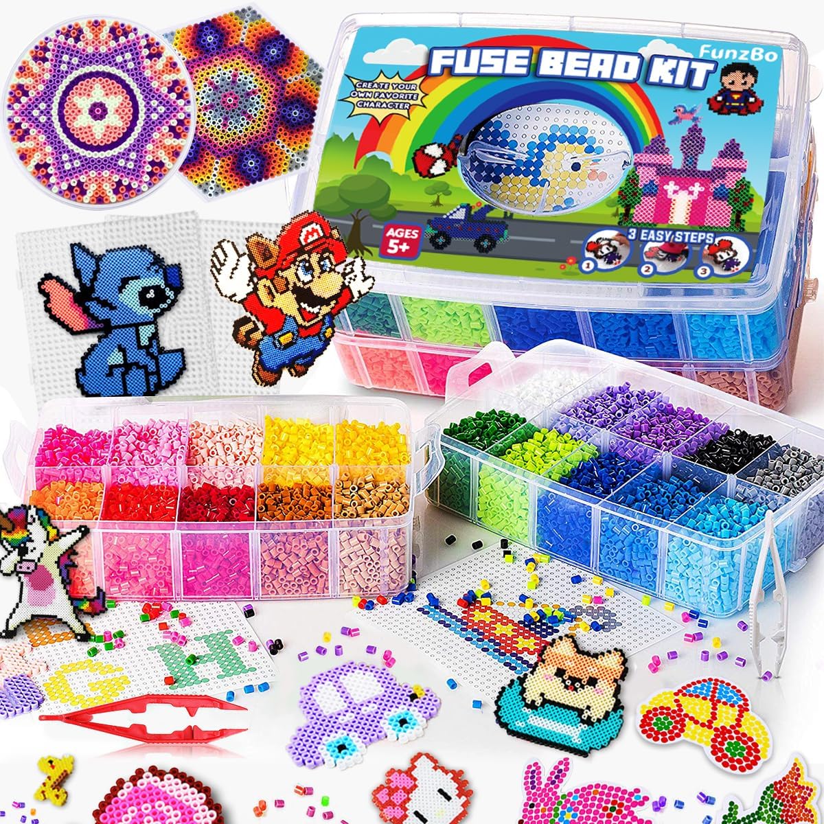 FunzBo Fuse Beads for Kids - 23000PCS 5mm Bead 106 Patterns Fusebead Melty Fusion Colored Arts and Crafts Set for Boys Girls Age 4 5 6 7 8 Year Old Brithdays Gifts for Kids (Mega)