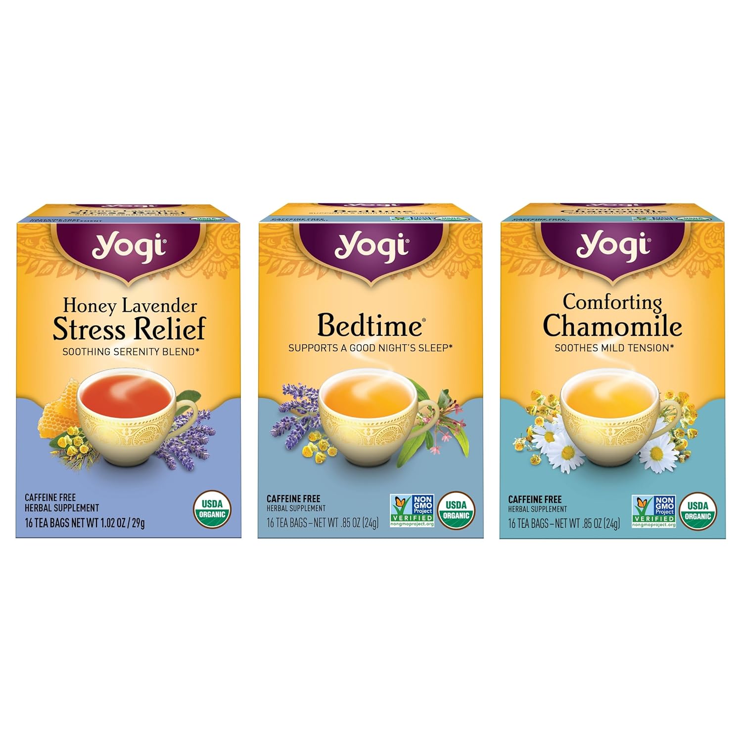 Yogi Tea Relaxation & Stress Relief Variety Pack - 16 Tea Bags per Pack (3 Packs) - Relaxing Tea Sampler - Includes Honey Lavender Stress Relief, Bedtime Tea & Comforting Chamomile