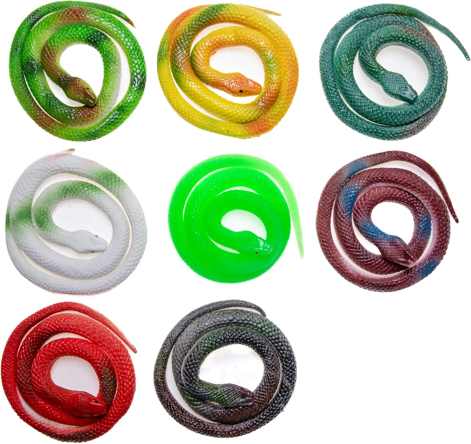 Toyseum 8 x Rubber Toy Snakes, Long 65cm Realistic Python Style Fake Snakes in Vibrant Colours, Ideal Jungle Party Bag Fillers for Kids, Fun Reptile Animal Props, Pack of 8