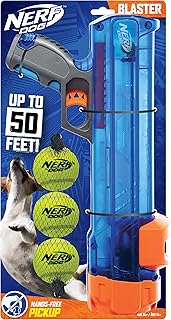 Nerf Dog Tennis Ball Blaster Dog Toy Gift Set, Tennis Ball Dog Fetch Toy Launches up to 50 ft, Dog Ball Thrower for All Breeds Includes Translucent Blue Tennis Ball Launcher and 3 Dog Tennis Balls
