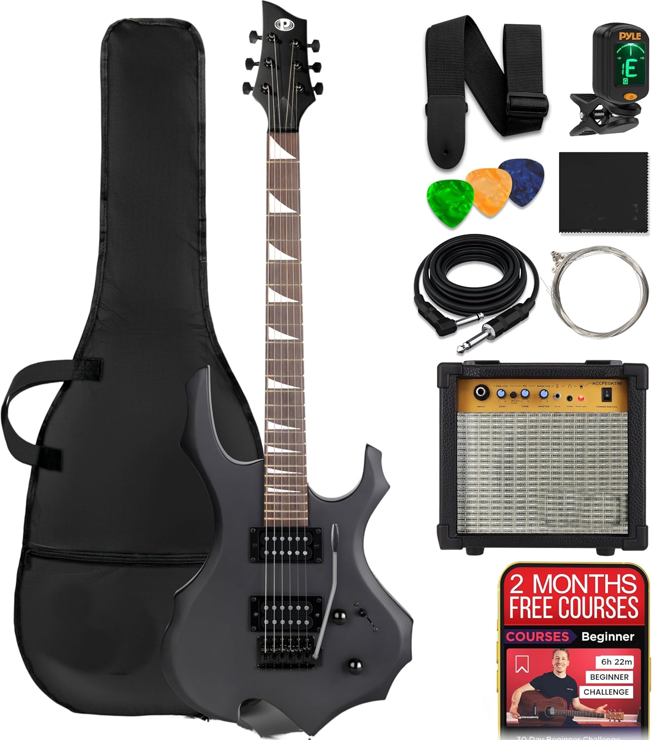 Pyle Heavy Metal EG Fire Electric Guitar Axe w/ Amplifier Kit, Full Size Instrument w/ Practice Amp & Accessories, Black Matte