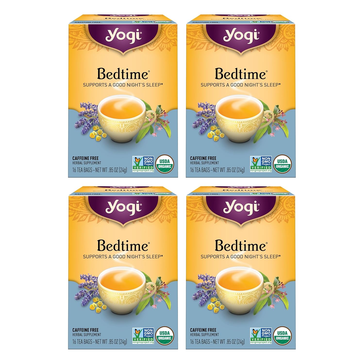 Yogi Tea Bedtime Tea - 16 Tea Bags per Pack (4 Packs) - Chamomile & Passionflower Herbal Tea Blend - Tea to Support a Good Night's Sleep - Includes Lavender, Licorice Root, Spearmint & Cardamom