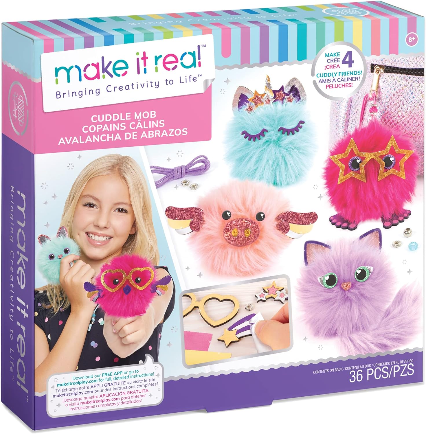 Make It Real DIY Cuddle Mob Kit - Create 4 Adorable Pom Pom Characters with 36 Pieces - All-in-One Arts & Crafts Set for Tweens & Girls - Fun, Skill-Building Craft for Kids Ages 8+ Creative Gift