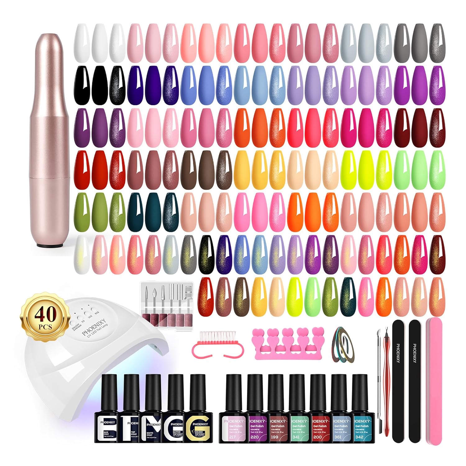 phoenixy 53 Pcs Gel Nail Polish Kit with U V light Nail Drill, 35 Colors Gel Nail Kit Light Pink 5Pcs Glossy Matte Glitter Golden Top Base Coat for DIY Home Manicure Gift Sets for Women