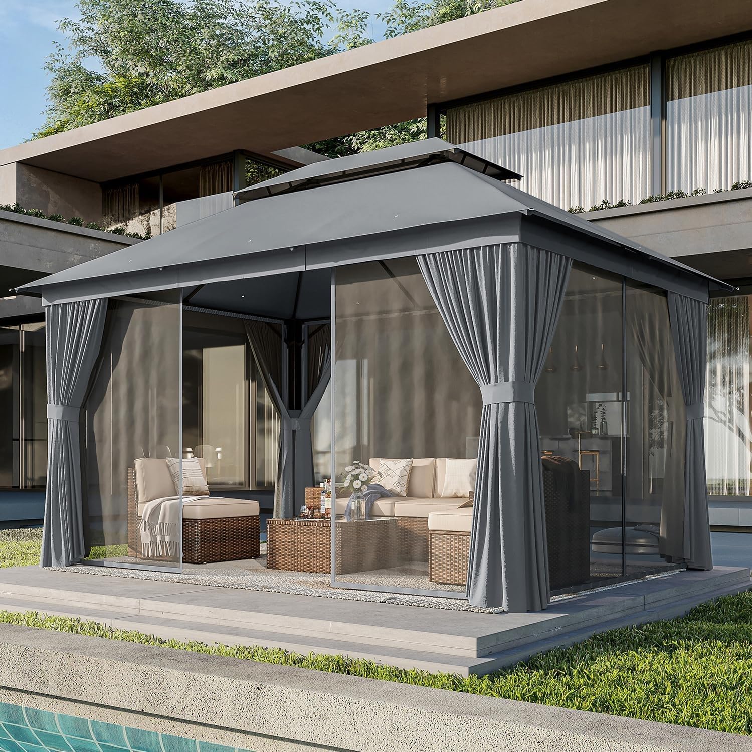 AOXUN Outdoor Gazebo for Patio 10x12, Metal Frame Canopy with Double Roofs, Heavy Duty Party Tent and Shelter with Mosquito Netting and Privacy Screen for Backyard, Lawn, Garden, Deck