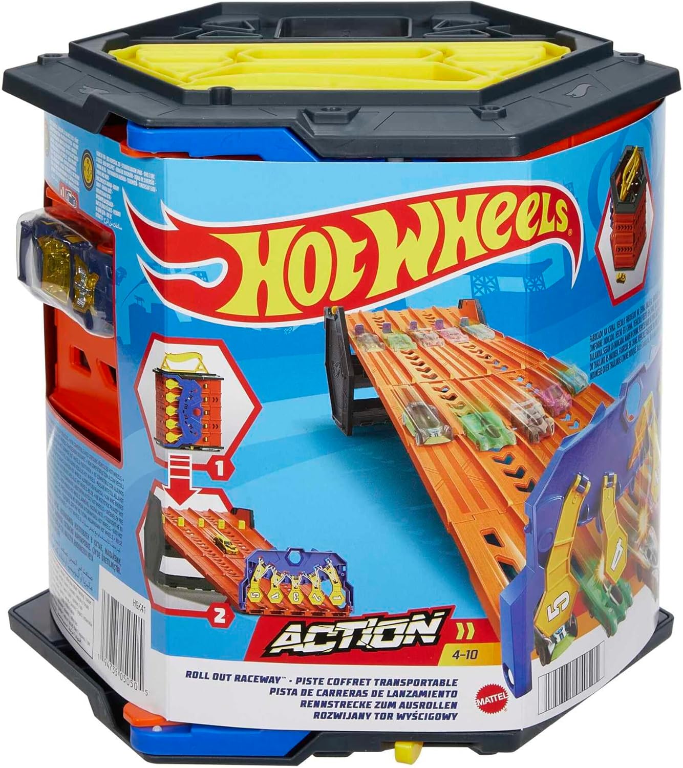 Hot Wheels Track Builder Action, Roll Out Raceway, Track Set with 5 Lane Racetrack and Toy Storage Bucket, Includes 1 Toy Car, Toys for Ages 4 to 10, One Pack, HGK41