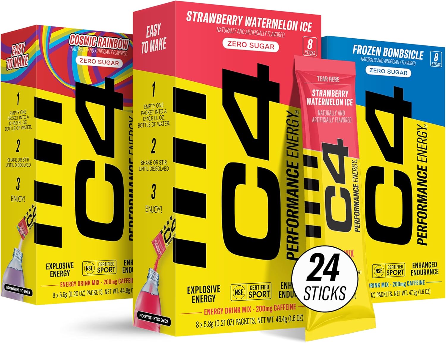Juicy Mixes C4 Performance Energy, Variety Pack, 200mg Caffeine, Zero Sugar, NSF (3 Boxes, 24 Sticks)