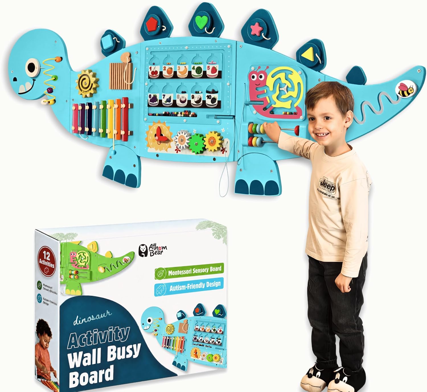 Dinosaur Wall Busy Board, Montessori Toy, Sensory Wall Panel for Kids 2-6