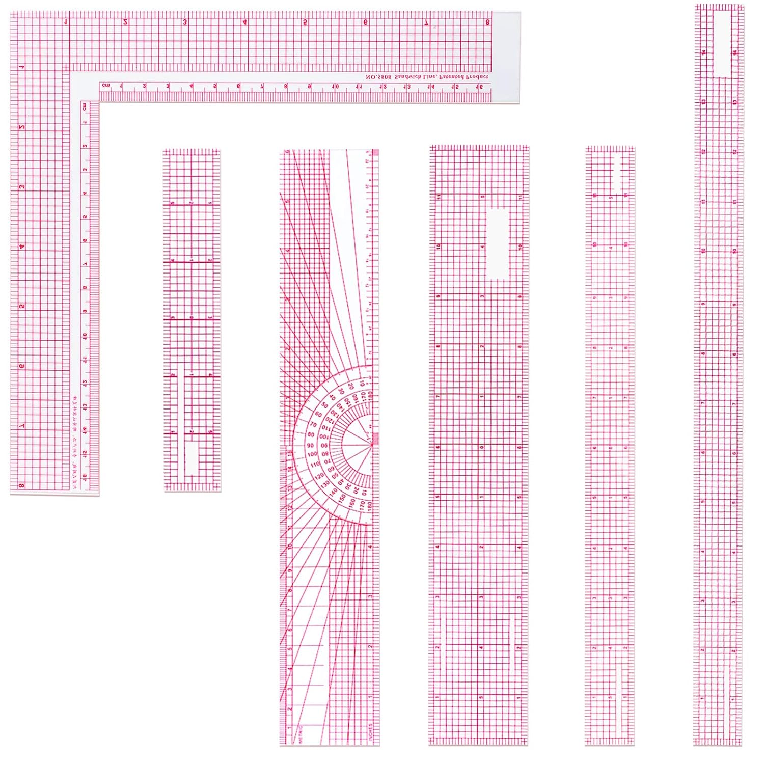 6 Pieces Clear Rulers Sewing Transparent,Plastic,Beveled,French Inch,Metric and L-Square Rulers Measuring Tool Set with 2 Grid Scales for Clothes Design