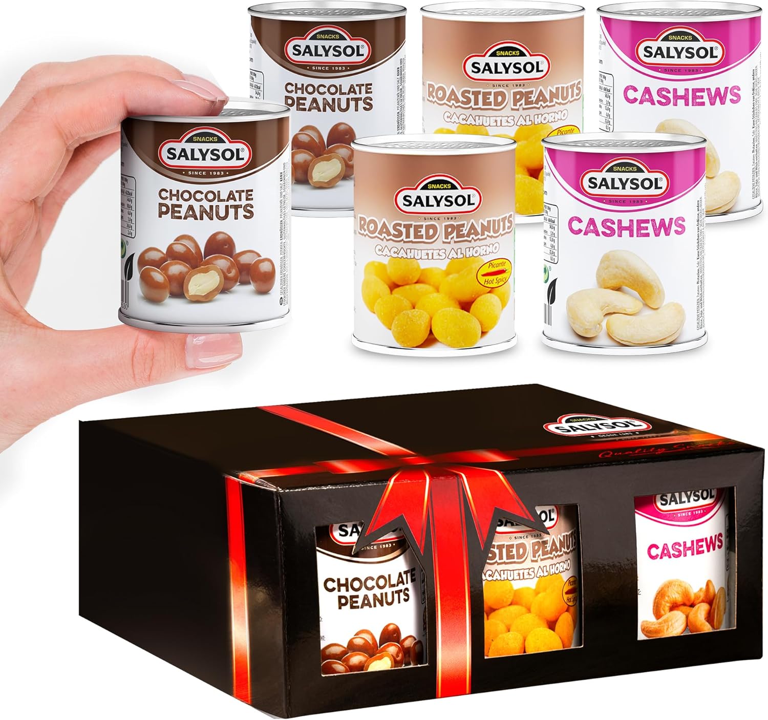 Salysol Snacks Nuts Chocolate Peanuts, Spicy Peanuts, Cashews 6 x 50g Cans - Valentines Day Gifts - Delicious Pure Natural Nuts for Snacking, Meals, and Cooking - Thoughtful Mothers Day Gift