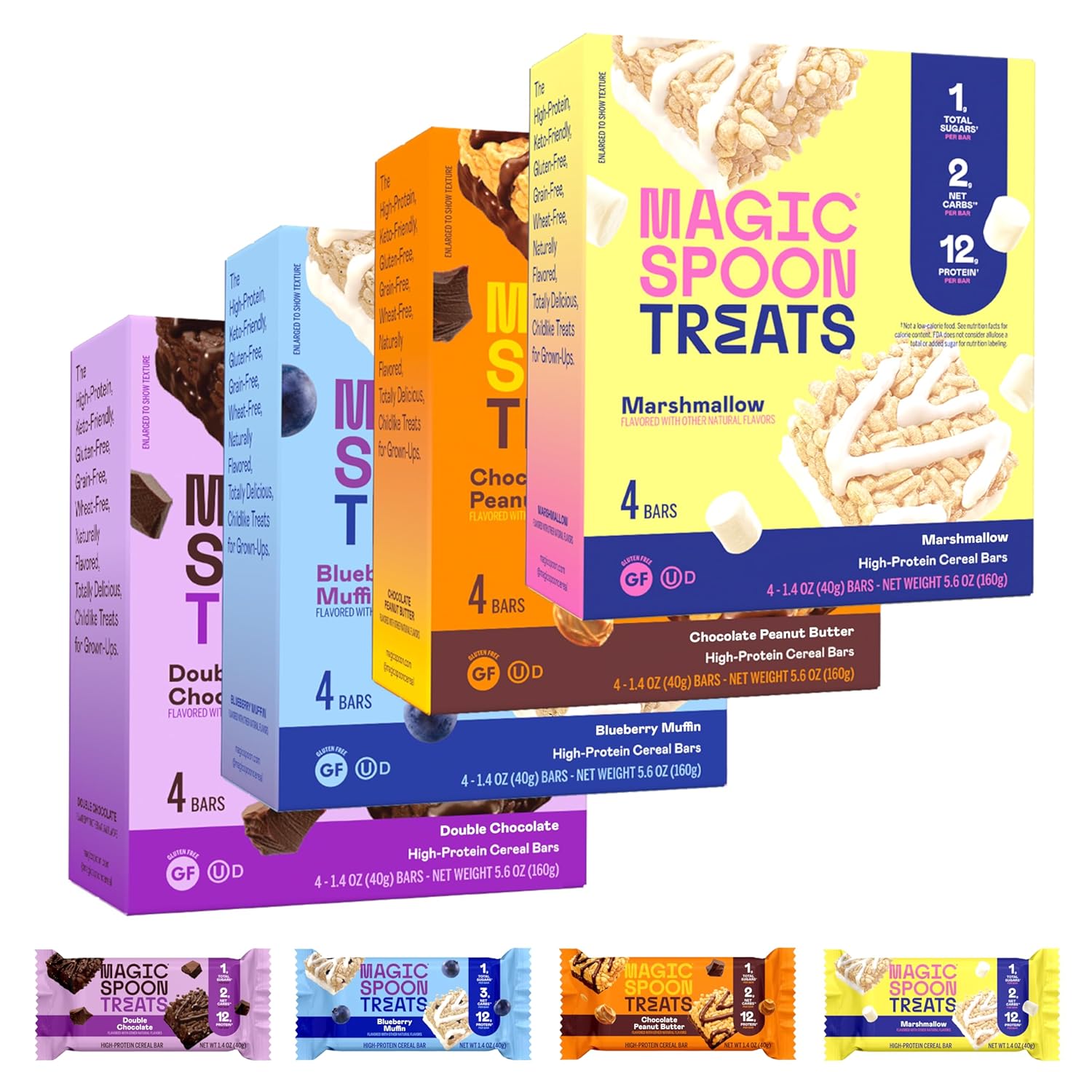 MAGIC SPOON Treats - High Protein Bars, Low Carb, Keto Friendly, 1g of Sugar, Gluten Free, Crispy Treat Cereal Bar, On-The-Go Healthy Snack (4 each of Marshmallow, Chocolate PB, Blueberry Muffin, Double Chocolate)