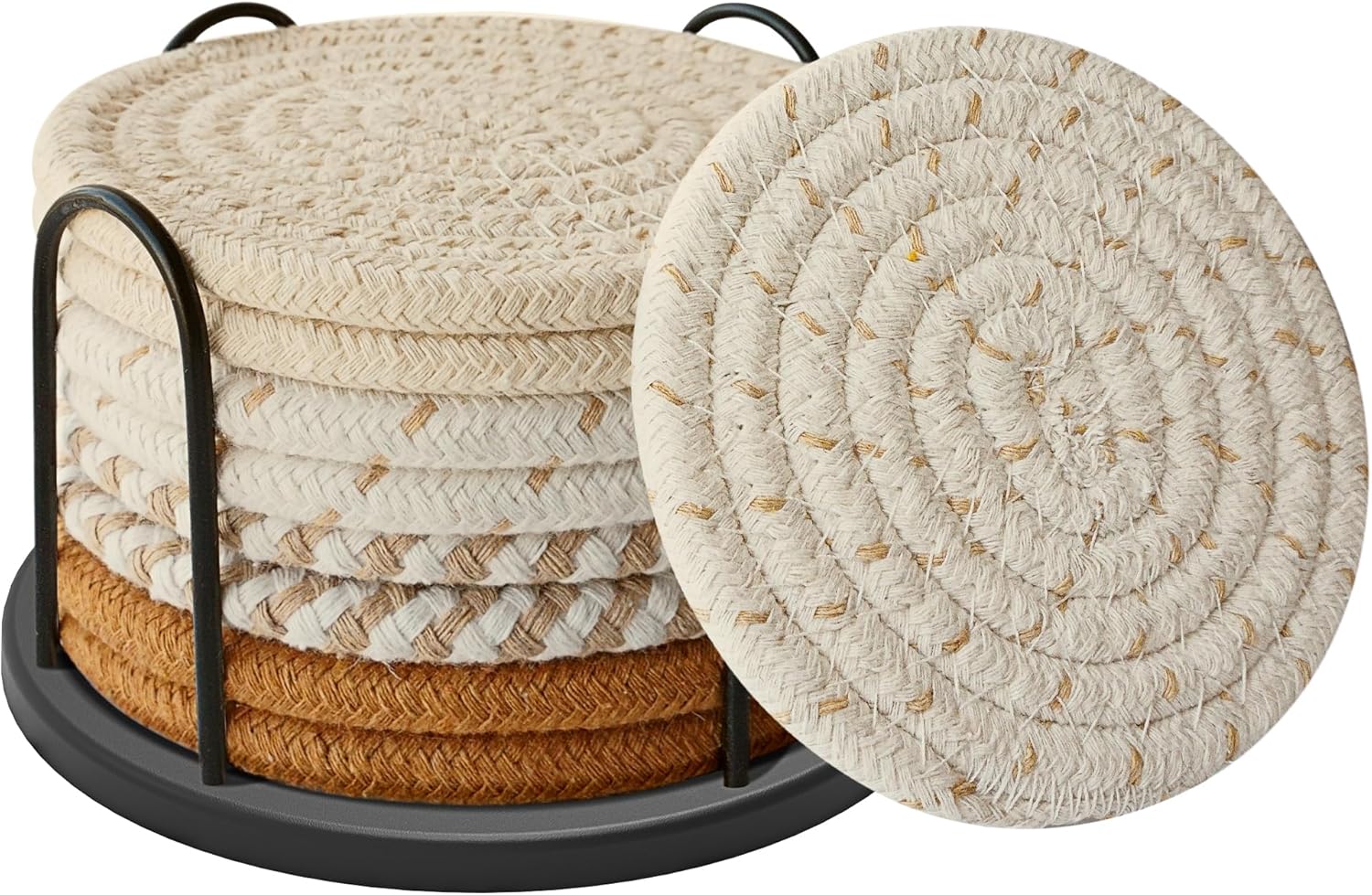 Coasters Set of 8 for Drinks, Beer, Coffee, Cotton Woven 4 Colors Absorbent Coaster with Holder, Boho Coasters for Home Decor Tabletop Protection Suitable for Kinds of Cups, Coffee