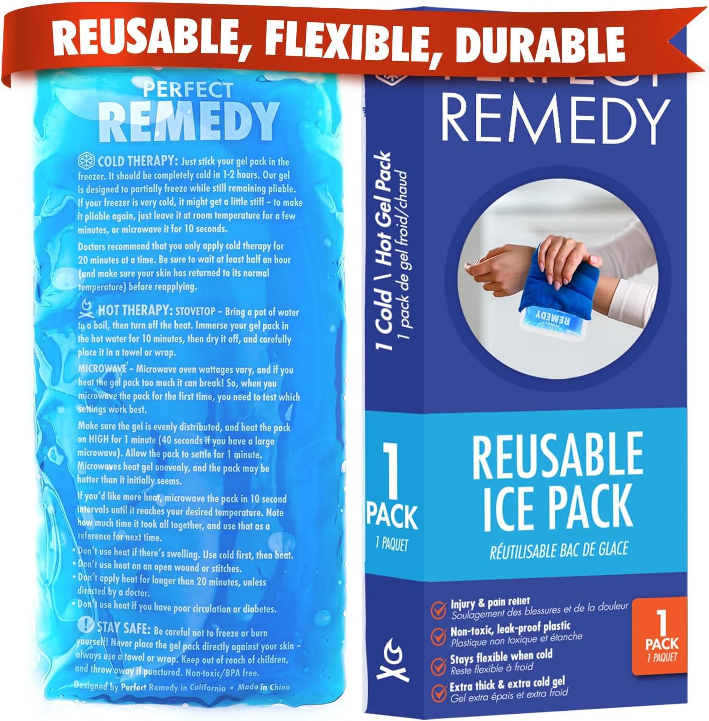 Perfect Remedy Gel Ice Pack for Hot & Cold Compress, Reusable Injury Ice Pack for Pain Relief Support, Soothing Soft Gel for Soreness Muscle Strain Condition, Hot Water Bottles Alternative (Blue, Reg)