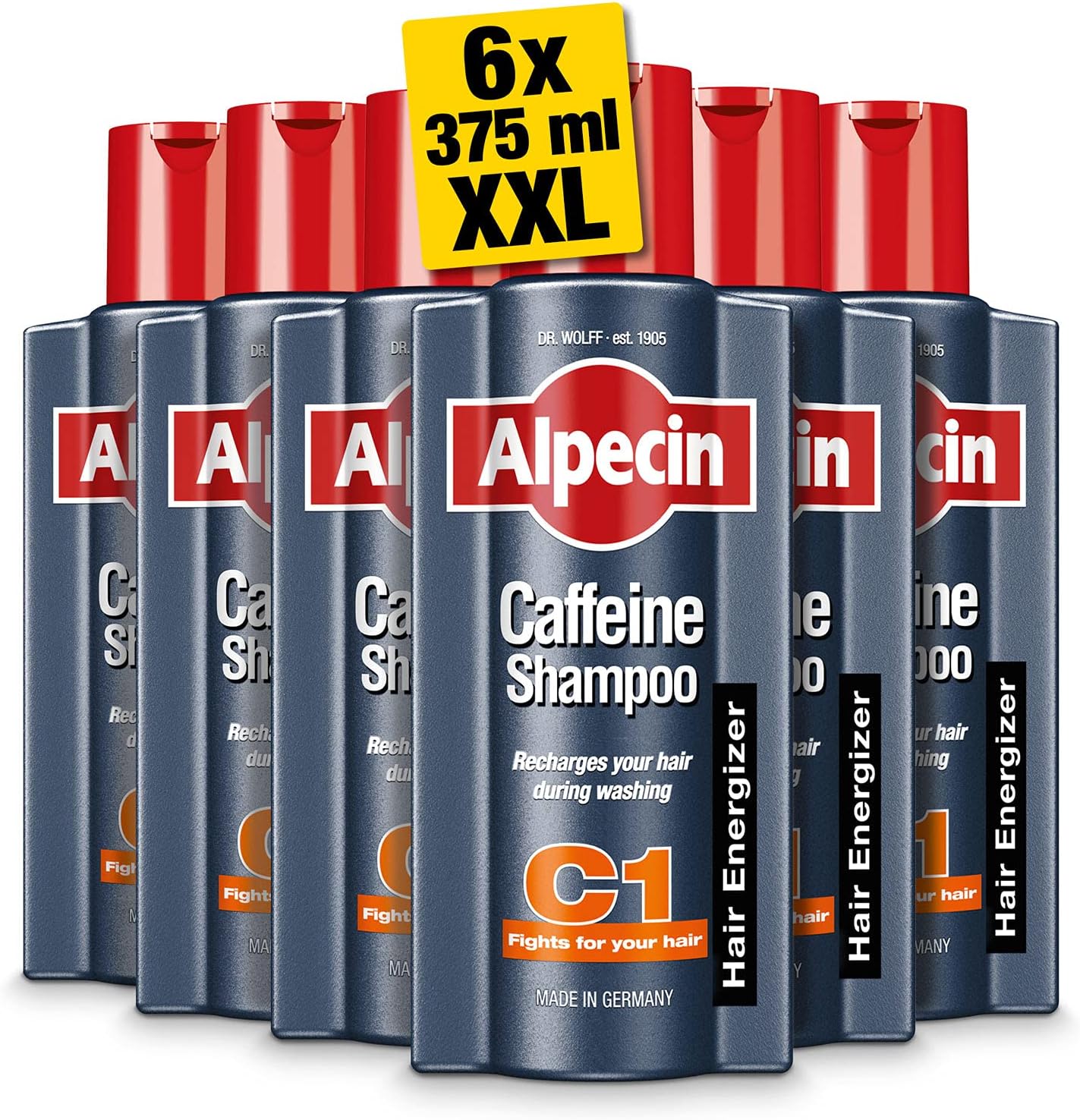 Alpecin Caffeine Shampoo C1 6x 375ml | Against Thinning Hair | For Stronger and Thicker Hair | Natural Hair Growth Shampoo for Men | Hair Care for Men Made in Germany